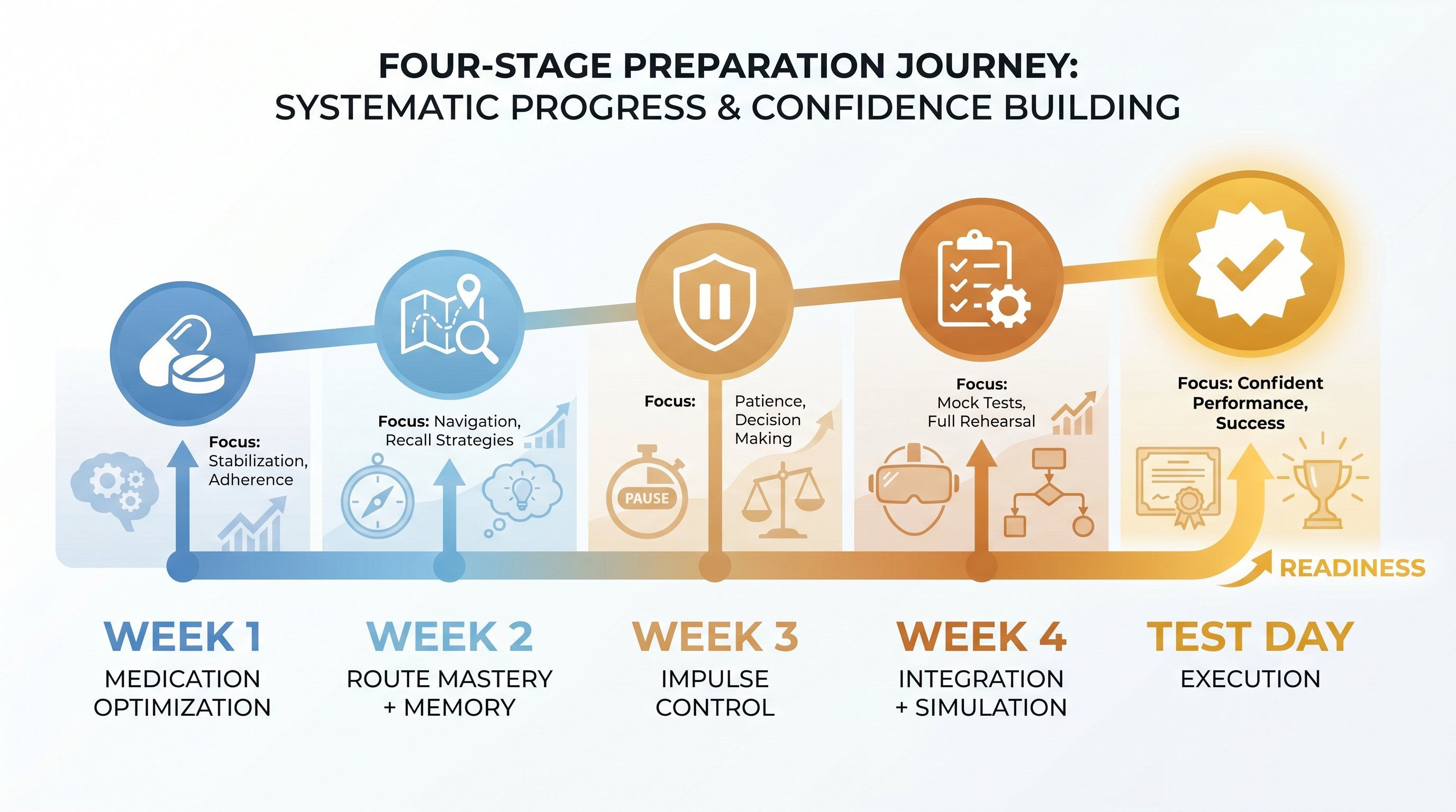 Timeline chart showing optimal medication timing for peak effectiveness during DMV test