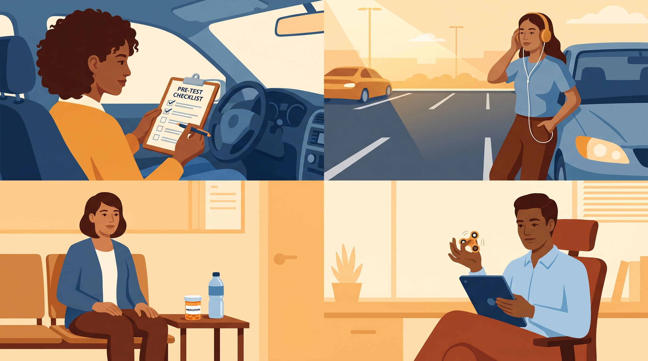 Calm test-taker taking a deep breath, relaxed shoulders, peaceful expression before DMV test