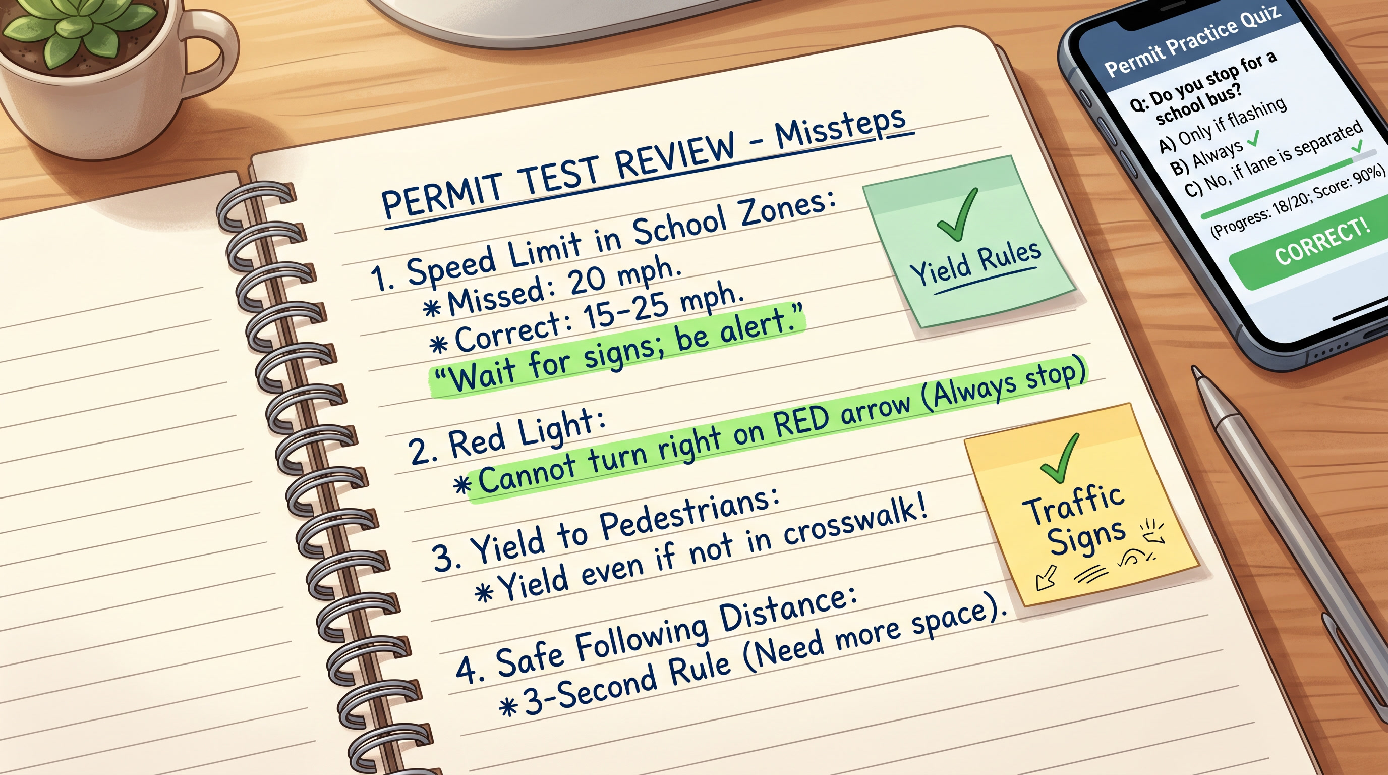 Study notebook with practice test missed questions highlighted