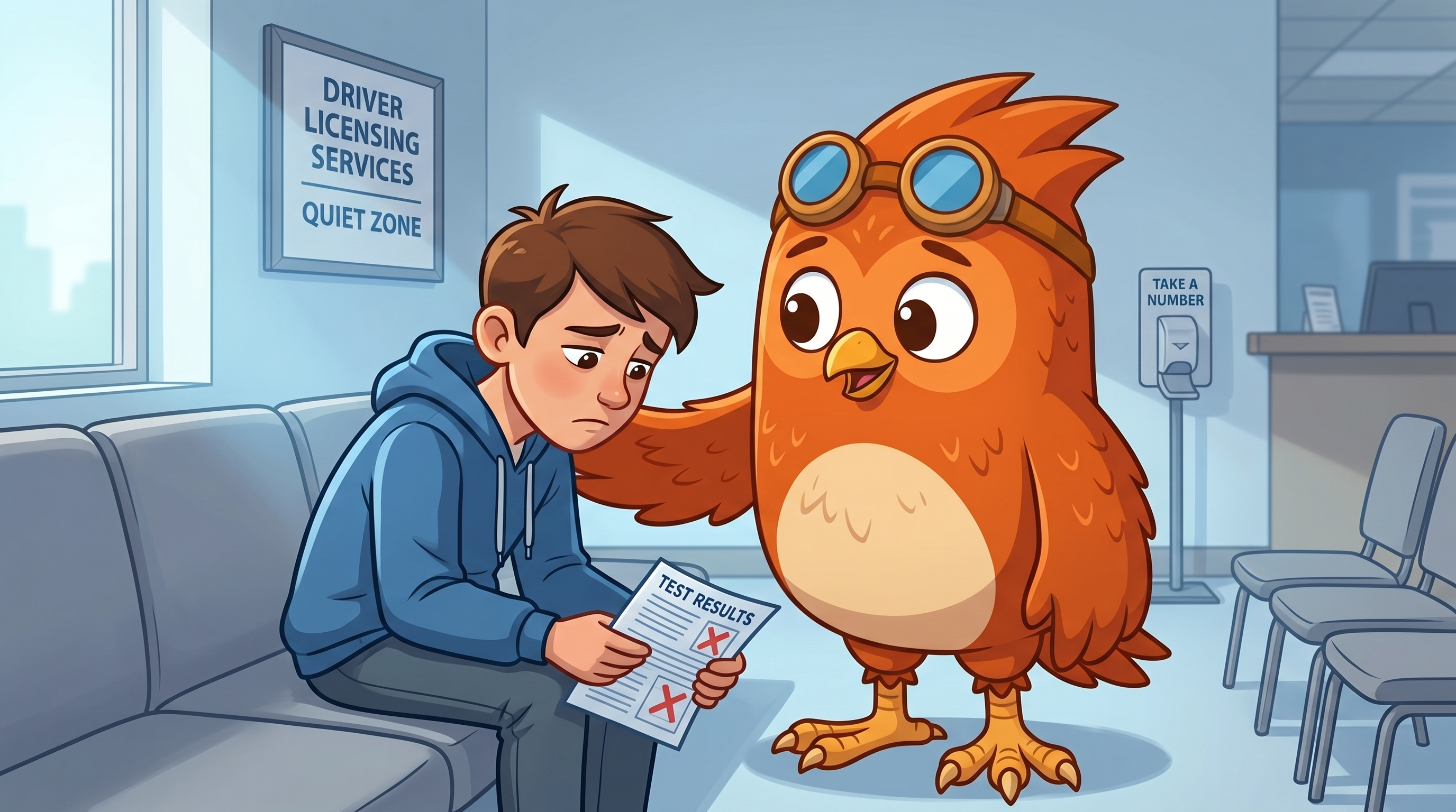 Wheeler the owl comforting a disappointed test-taker after a permit test
