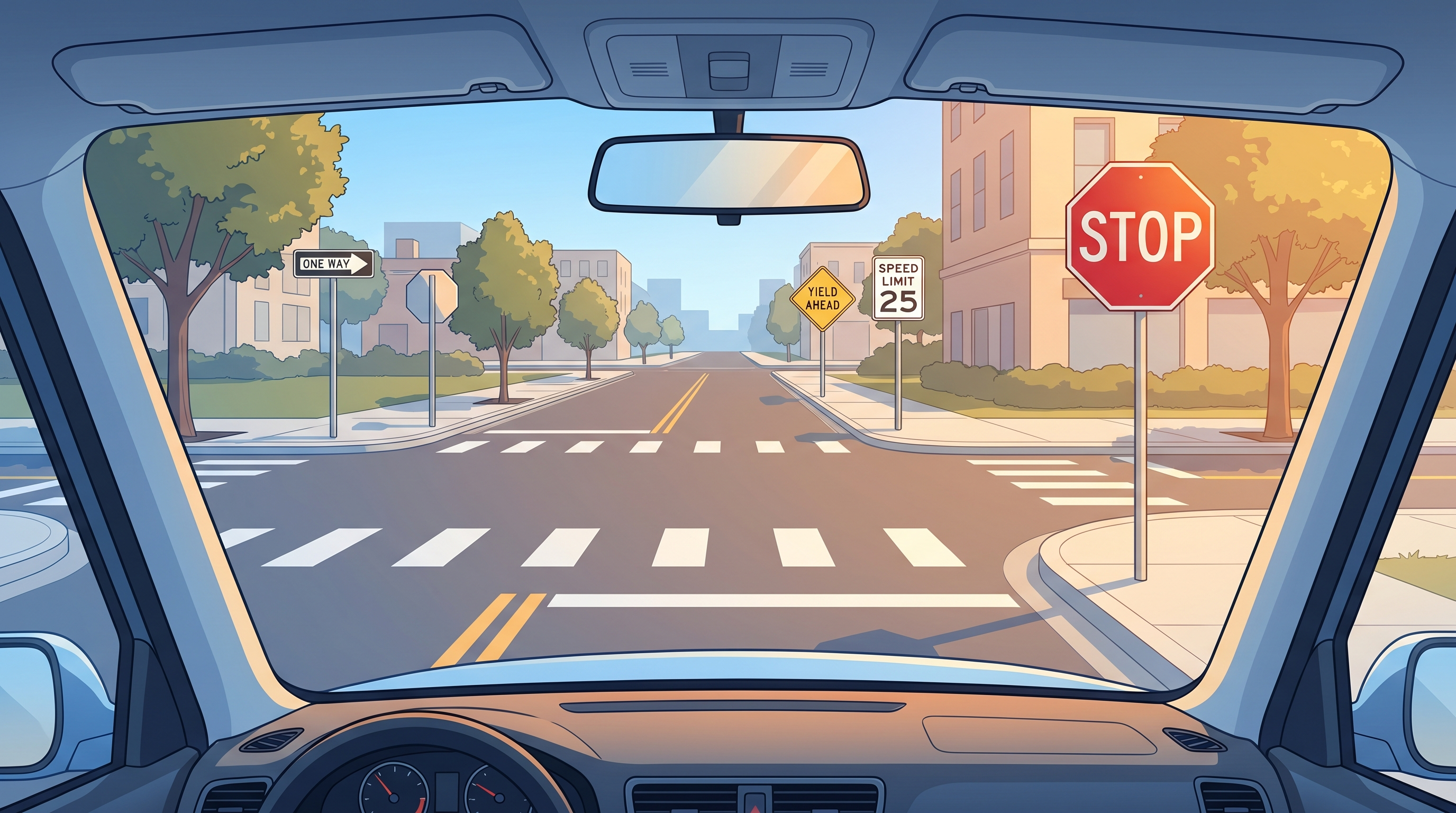 A driver's perspective view of the road ahead showing a quarter-mile ahead scanning zone highlighted with road hazards—p