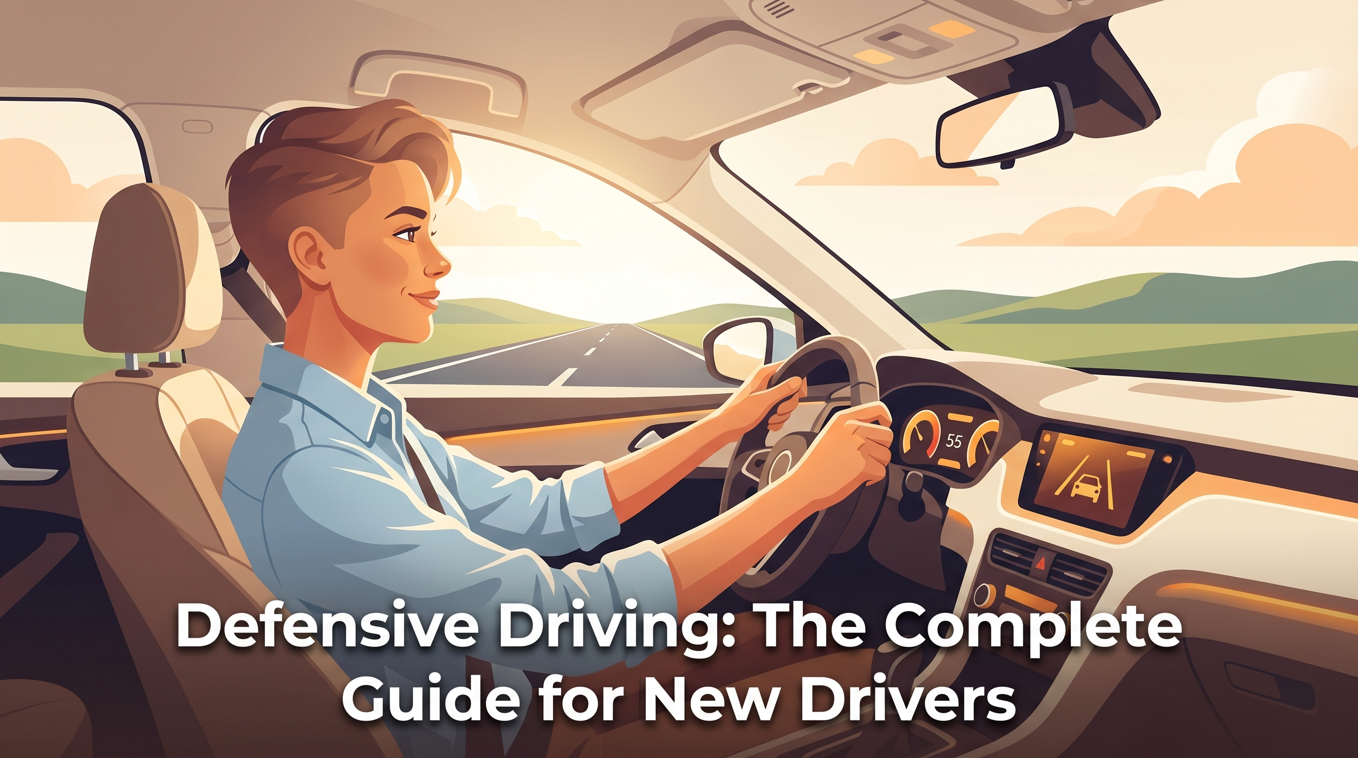 Wheeler the orange owl adjusting the rearview mirror inside a car, demonstrating constant situational awareness with a d