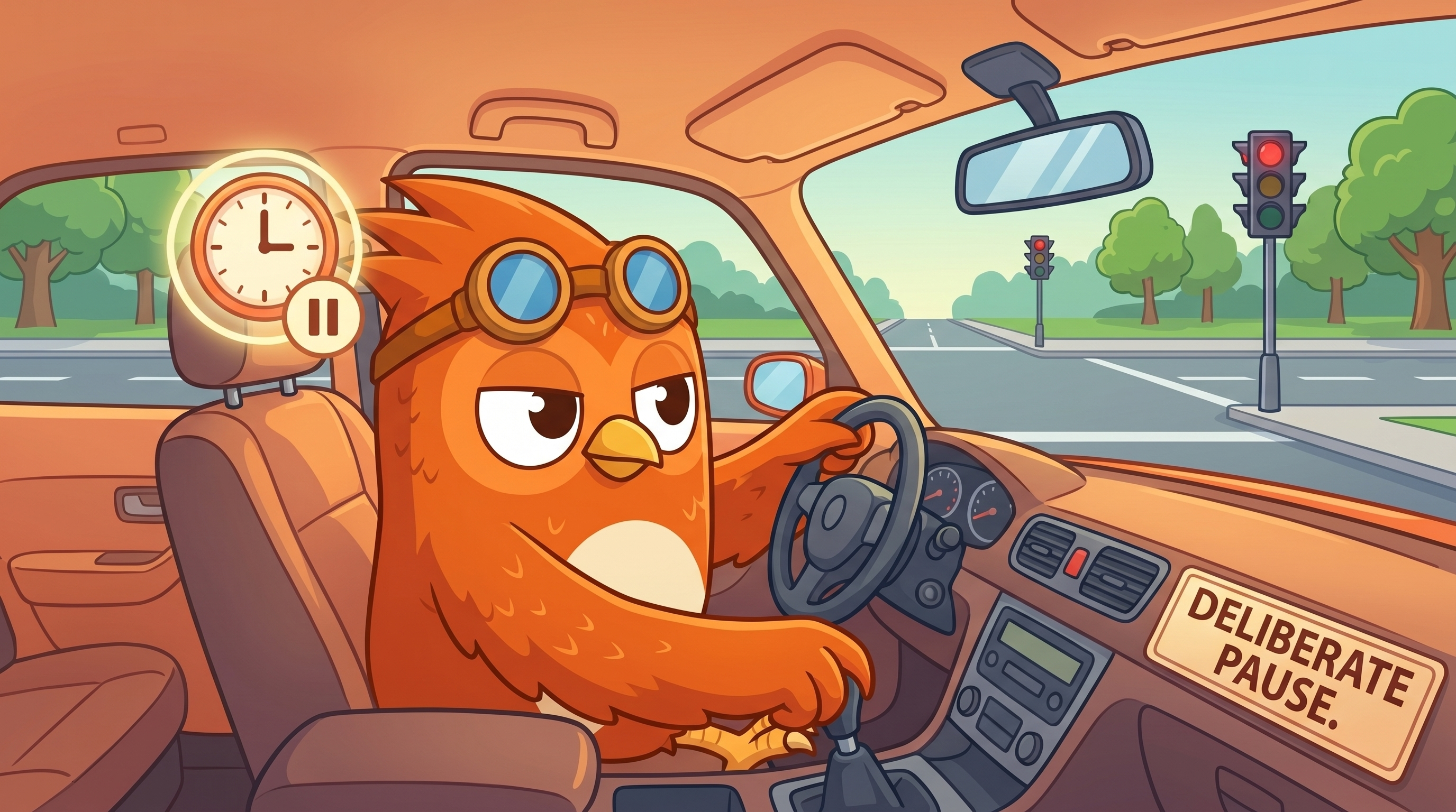 Wheeler the orange owl mascot meditating peacefully, surrounded by calming breath symbols and warm colors, providing emo