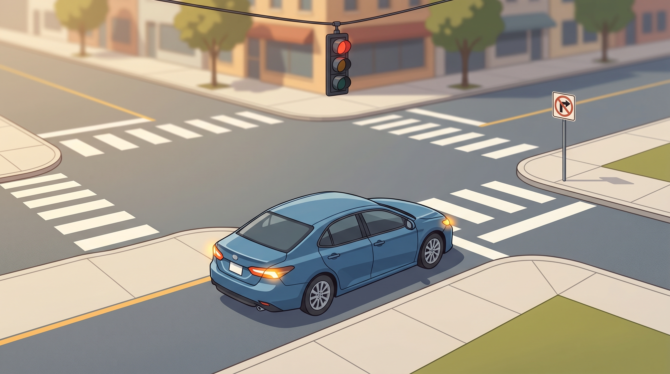 Driver making a careful right turn on red at an empty US intersection with clear signage.