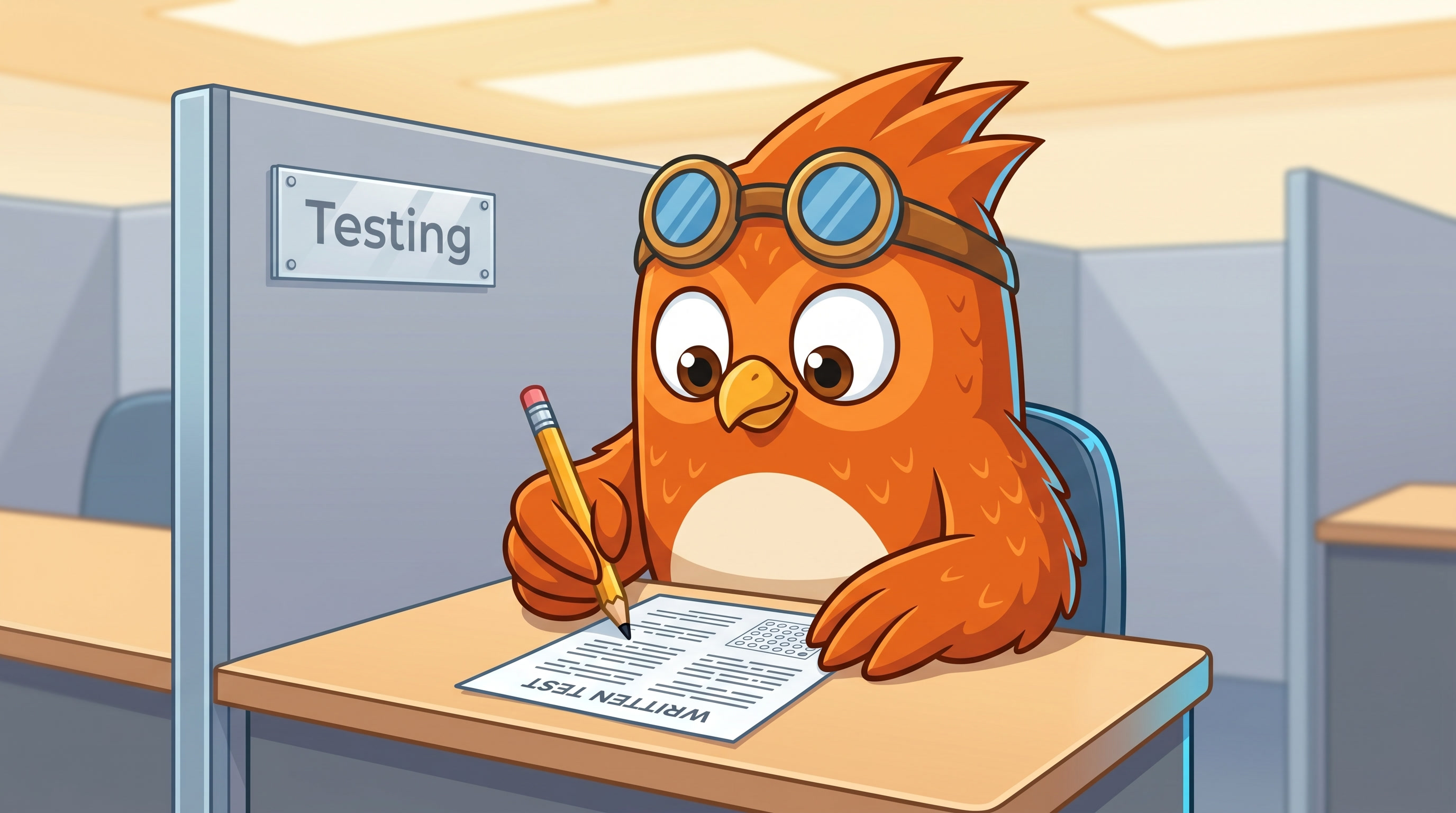 Wheeler the orange owl taking a DMV written test at a desk with a pencil in wing.