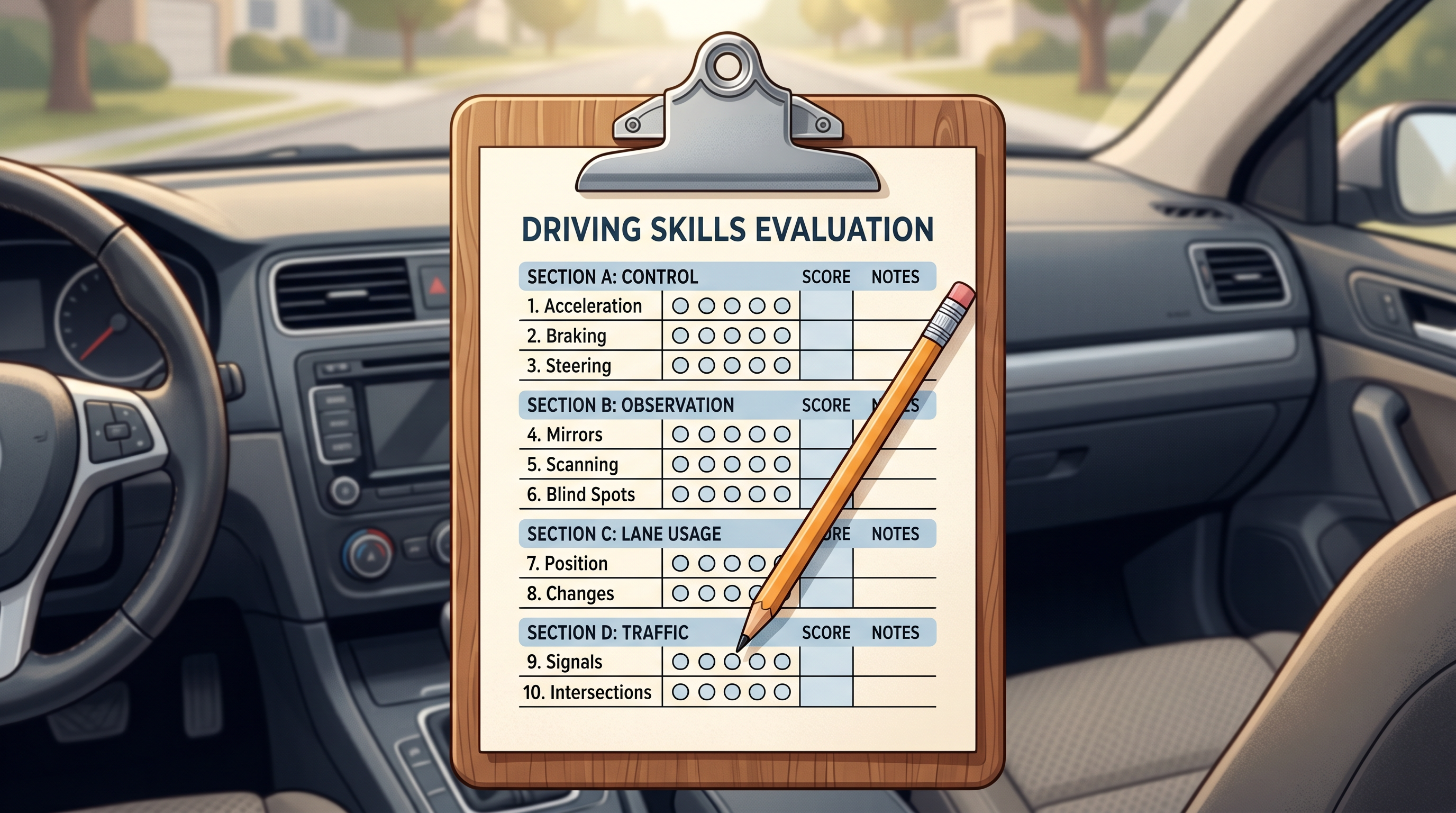 Illustration of an examiner's clipboard with a friendly checklist