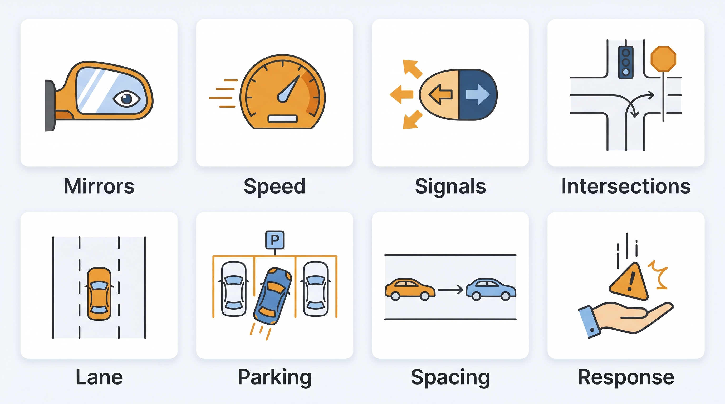 Eight icon grid showing the categories examiners actually score