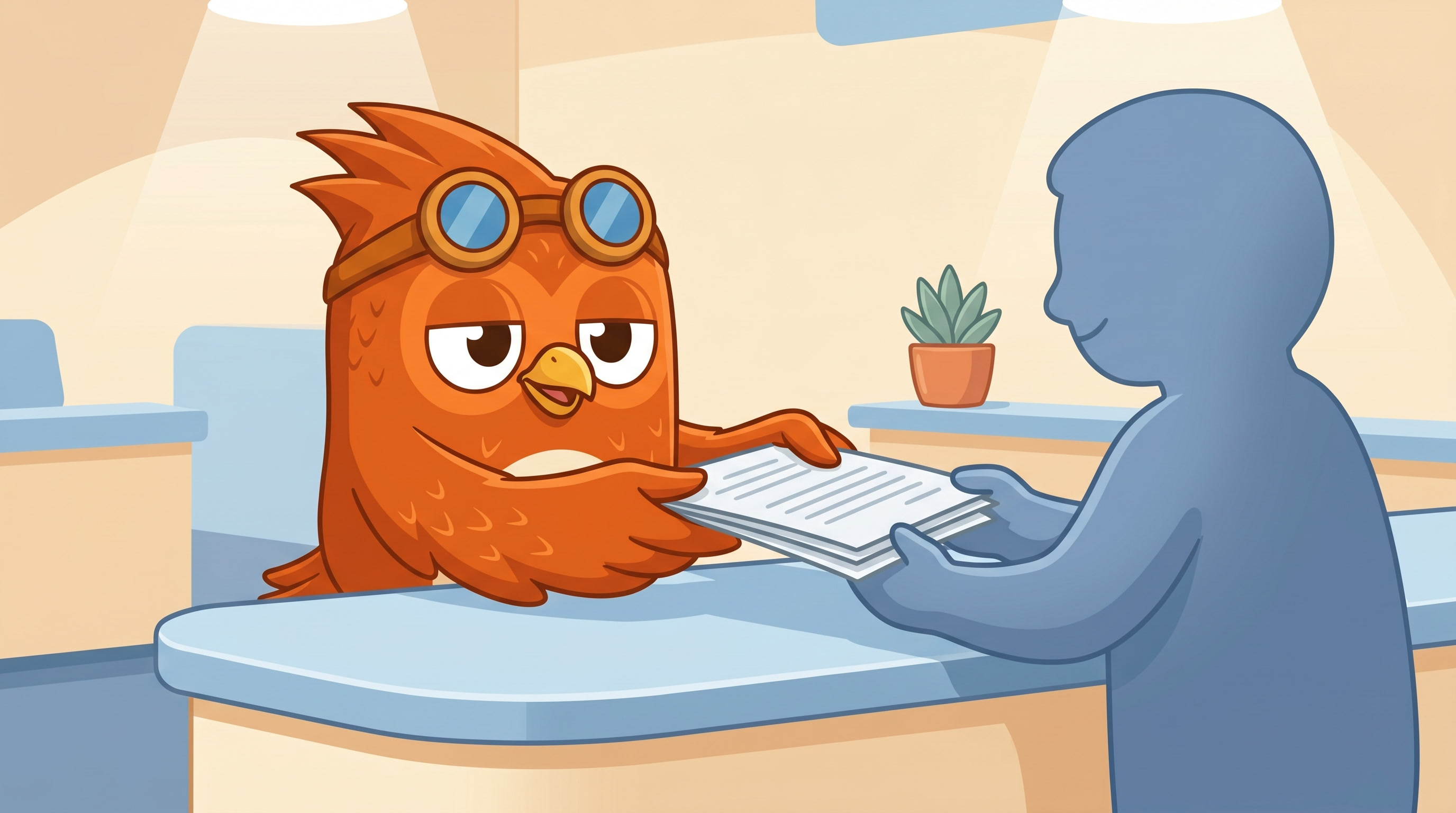 Wheeler the owl at the DMV counter, calmly presenting documents to a clerk