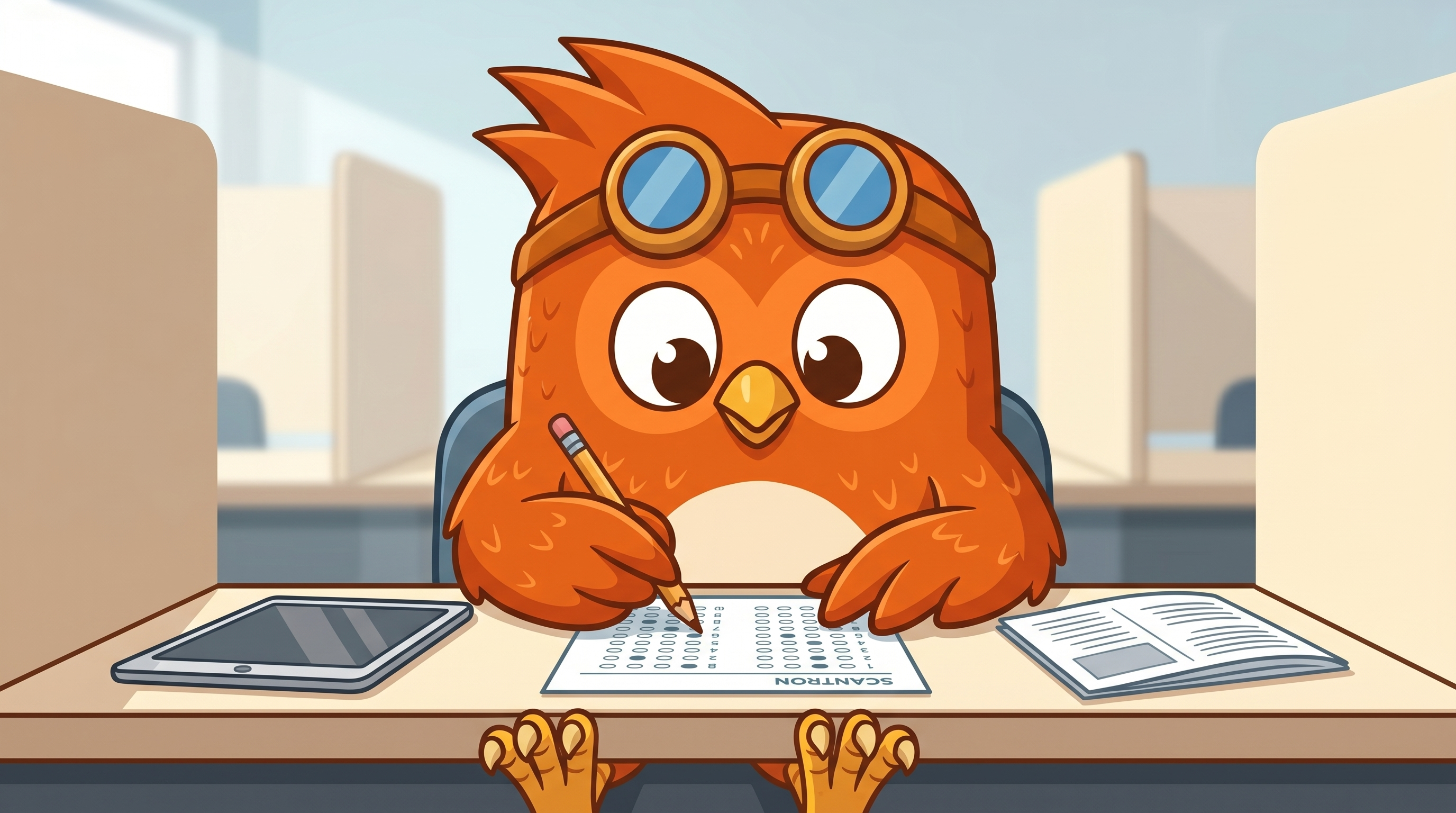 Wheeler the owl studying a driver handbook with flashcards, a tablet, and a highlighter.