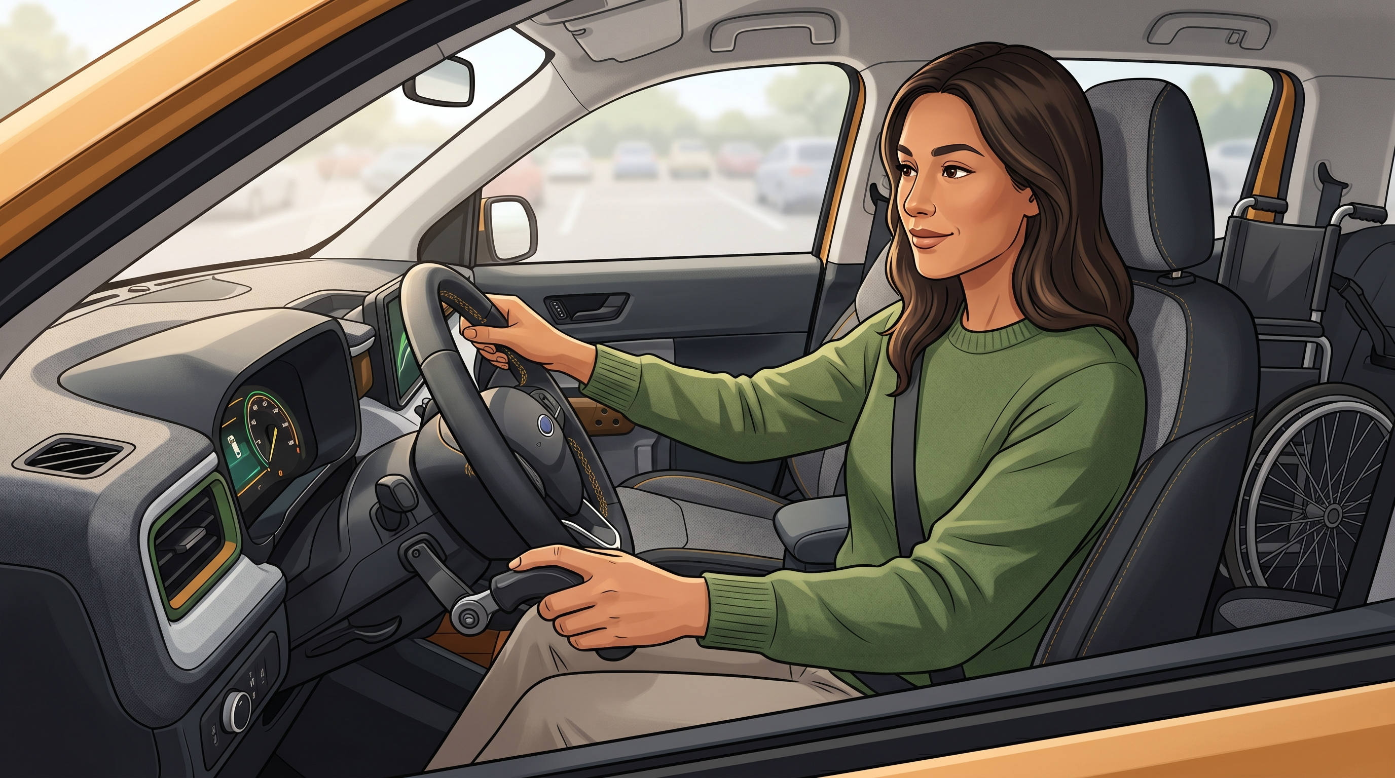 Driver using hand controls in an adapted vehicle with wheelchair visible in back during road test.