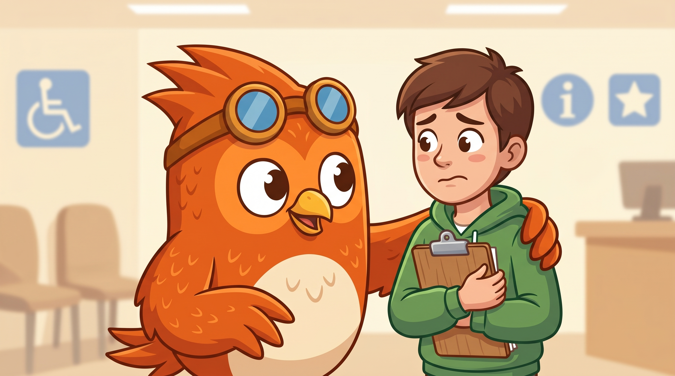 Wheeler the owl offering a supportive wing around a nervous driving student at a DMV.