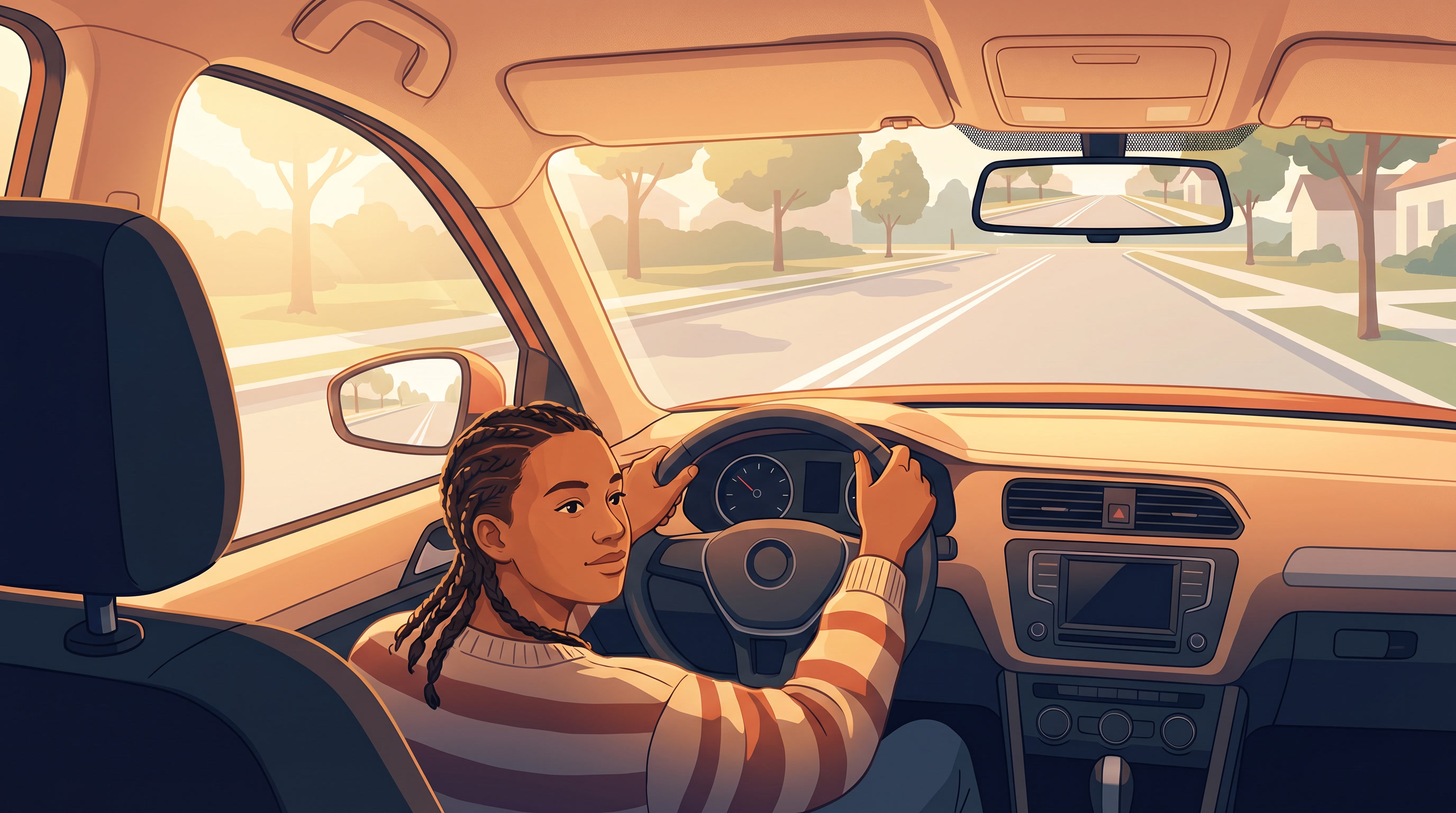 Focused driving student at the steering wheel on a quiet suburban street, practicing observation and control with determ