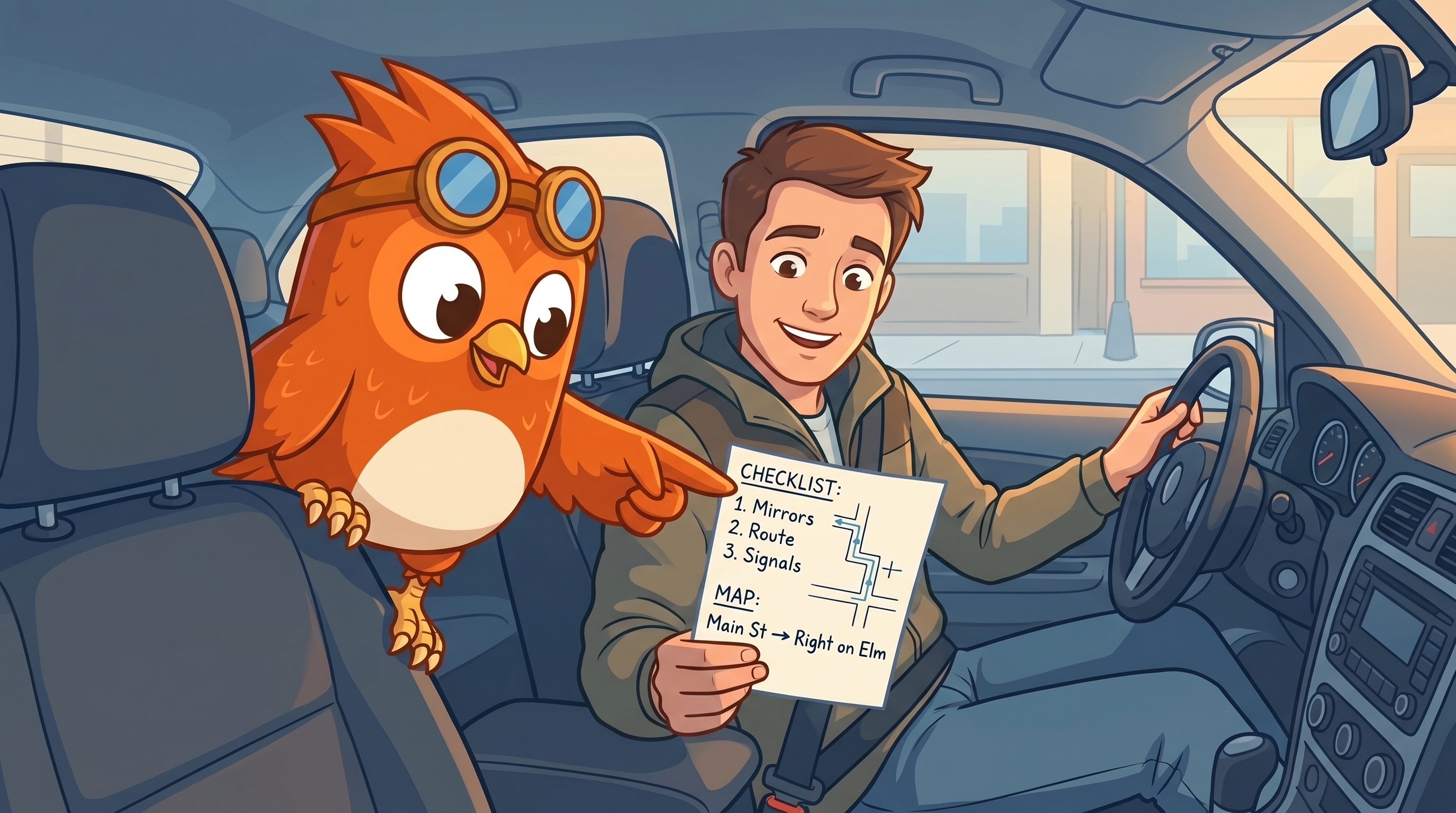 Wheeler the orange cartoon owl sitting at a desk taking the written driving test, pencil in wing, focused expression.