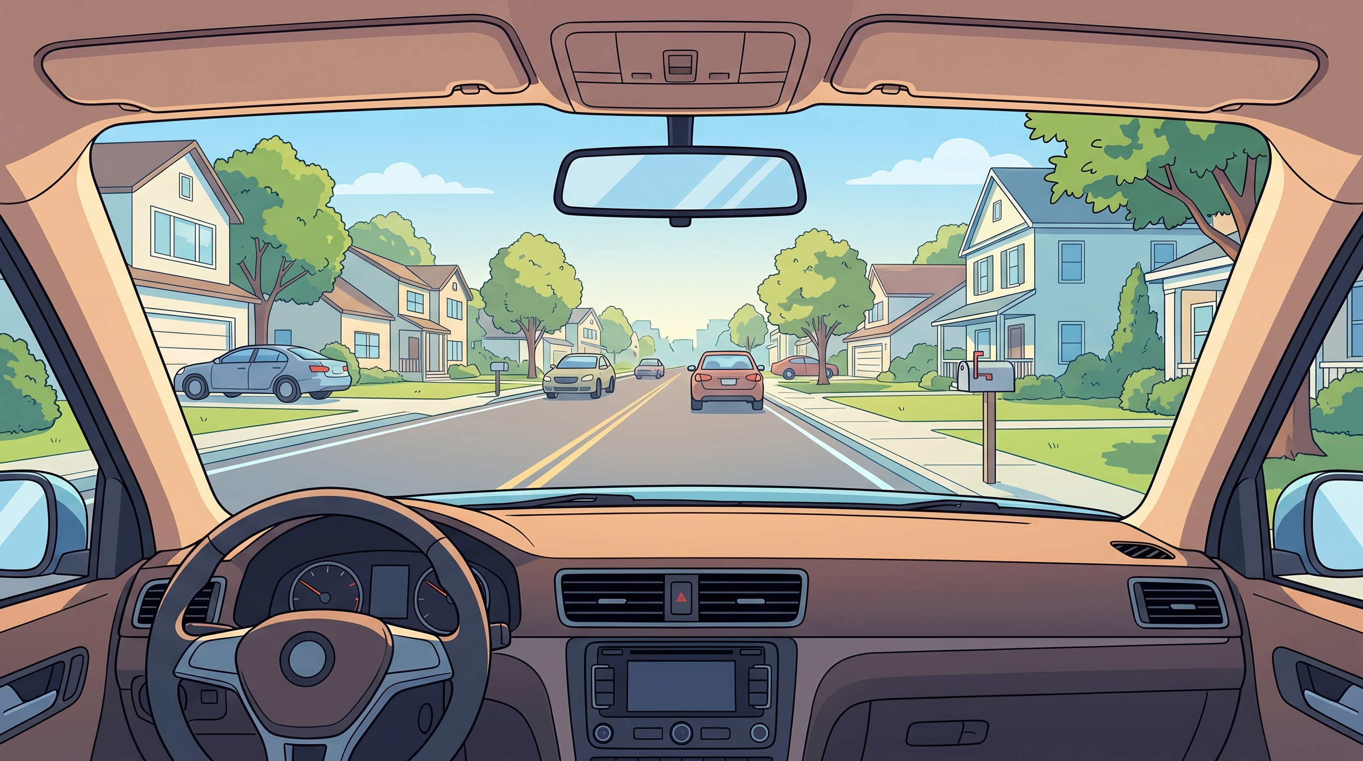 First-person view from driver's seat of familiar neighborhood street with clear road markings, daytime lighting, demonst