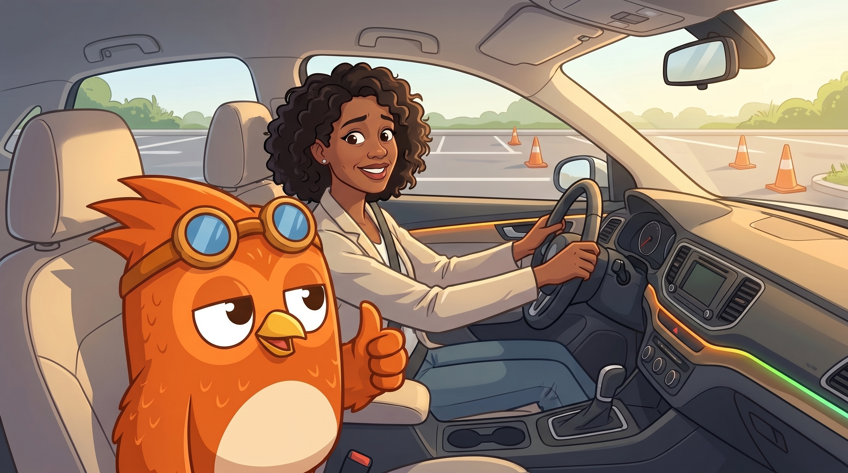 Wheeler the orange owl mascot with blue aviator goggles sitting confidently in a car driver's seat, hands on the steerin