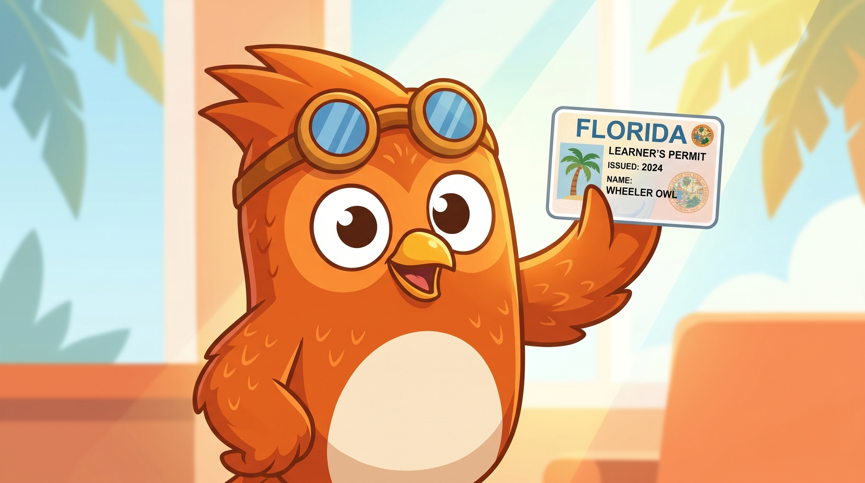 Wheeler the owl holding Florida learner's permit card, smiling, blue aviators on forehead, celebratory expression.