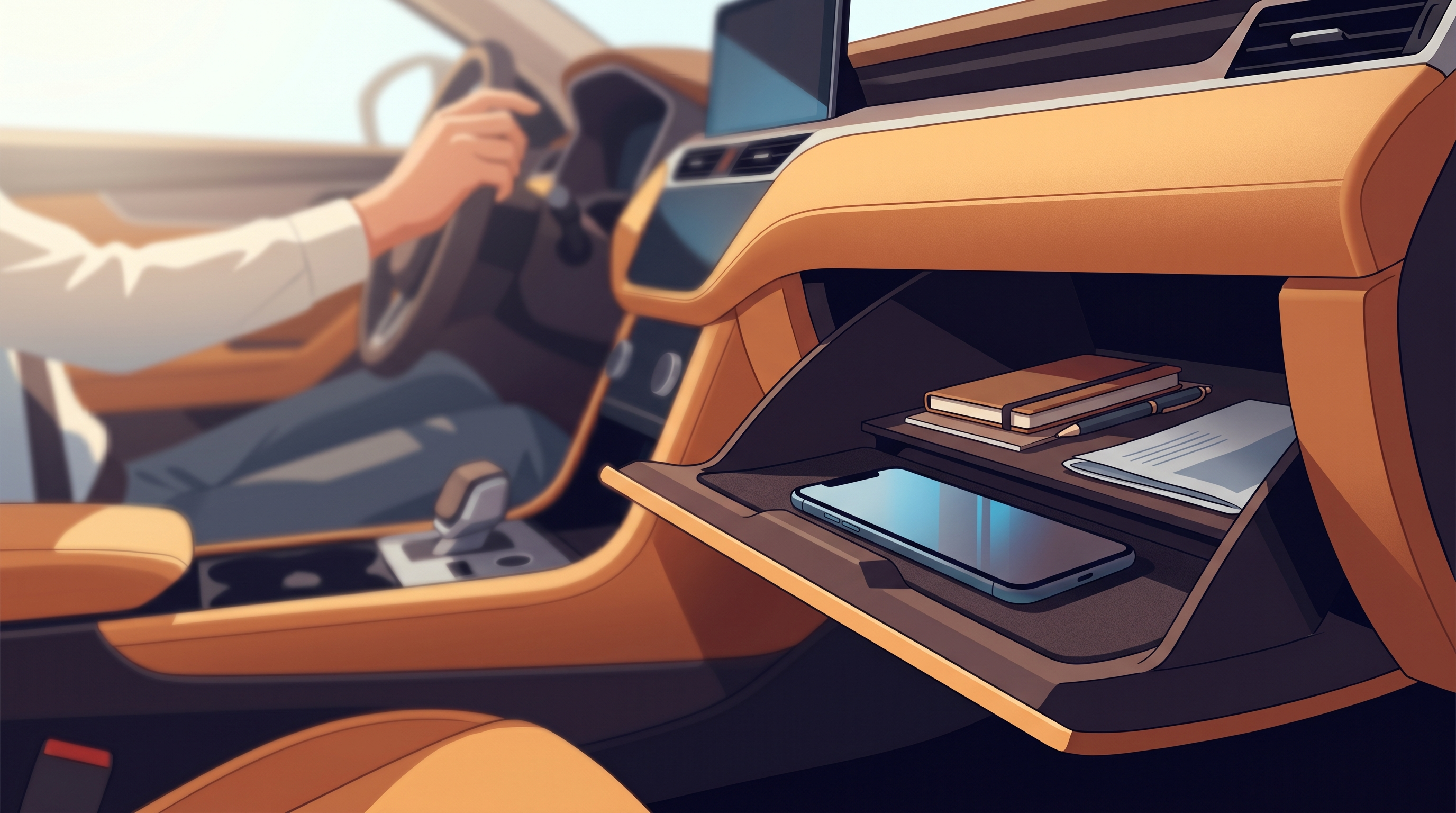 Illustration of a small phone in a glove compartment and a calm driver