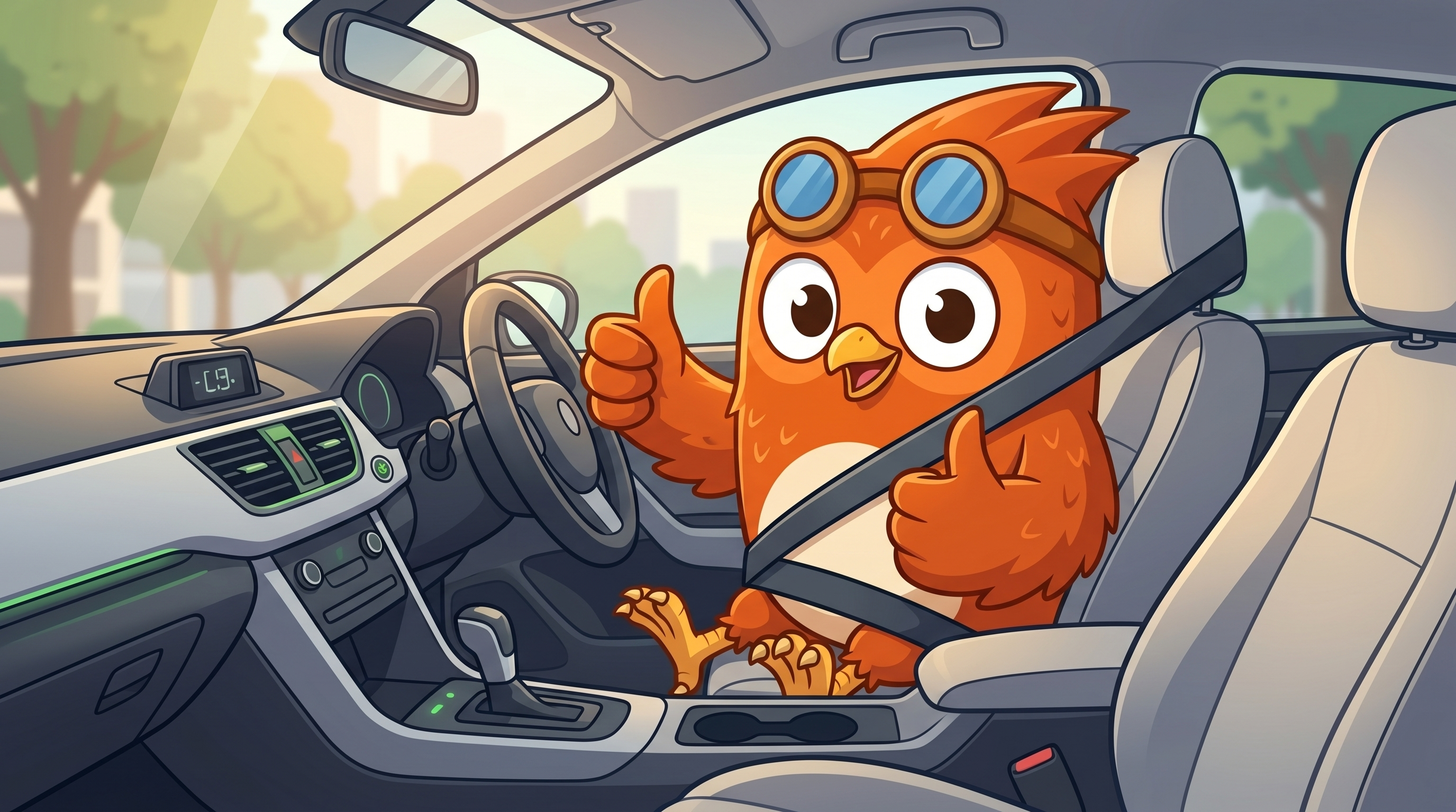 Wheeler the owl giving a confident wing-up from the driver's seat after a clean run