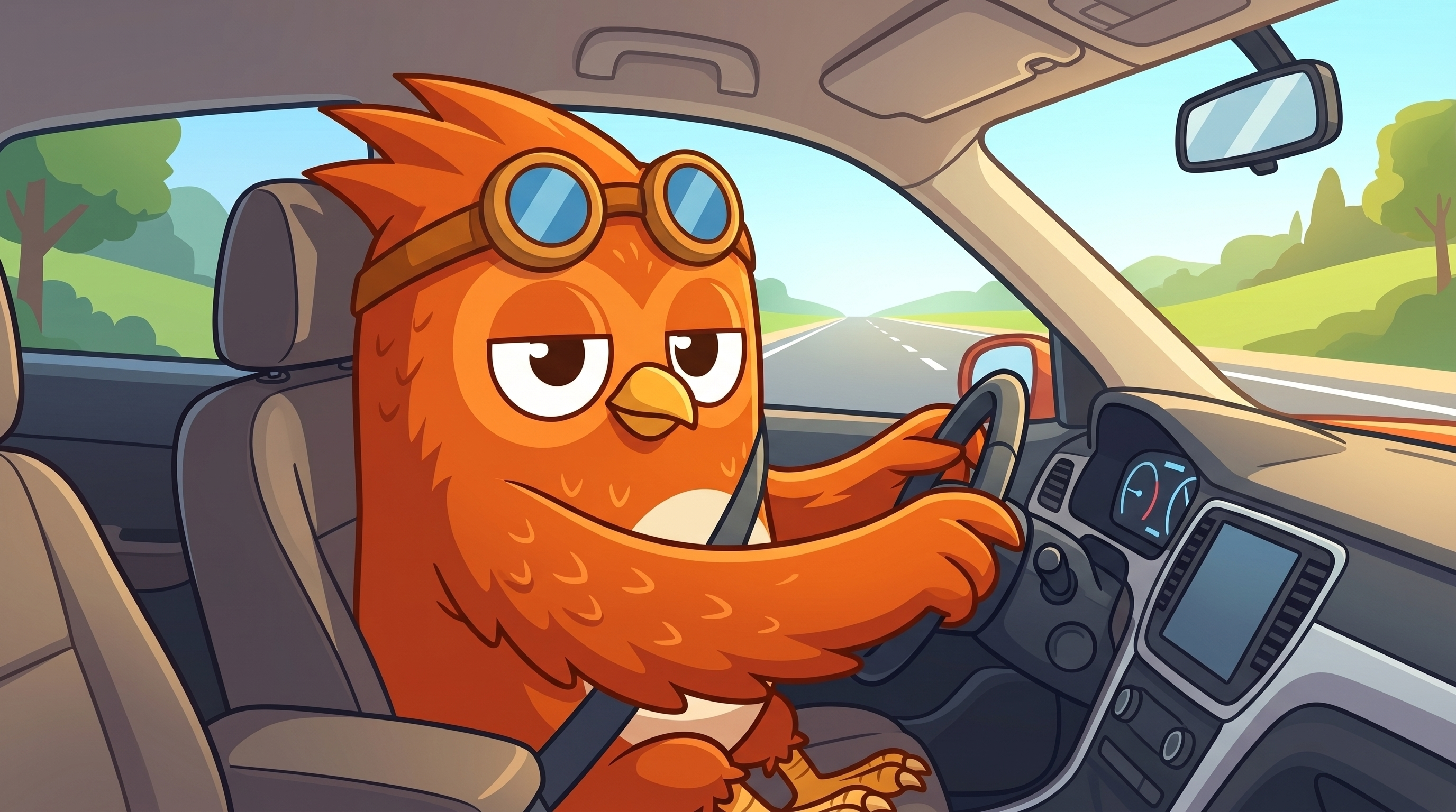 Wheeler the owl in the driver seat checking a wristwatch before starting the driving test.