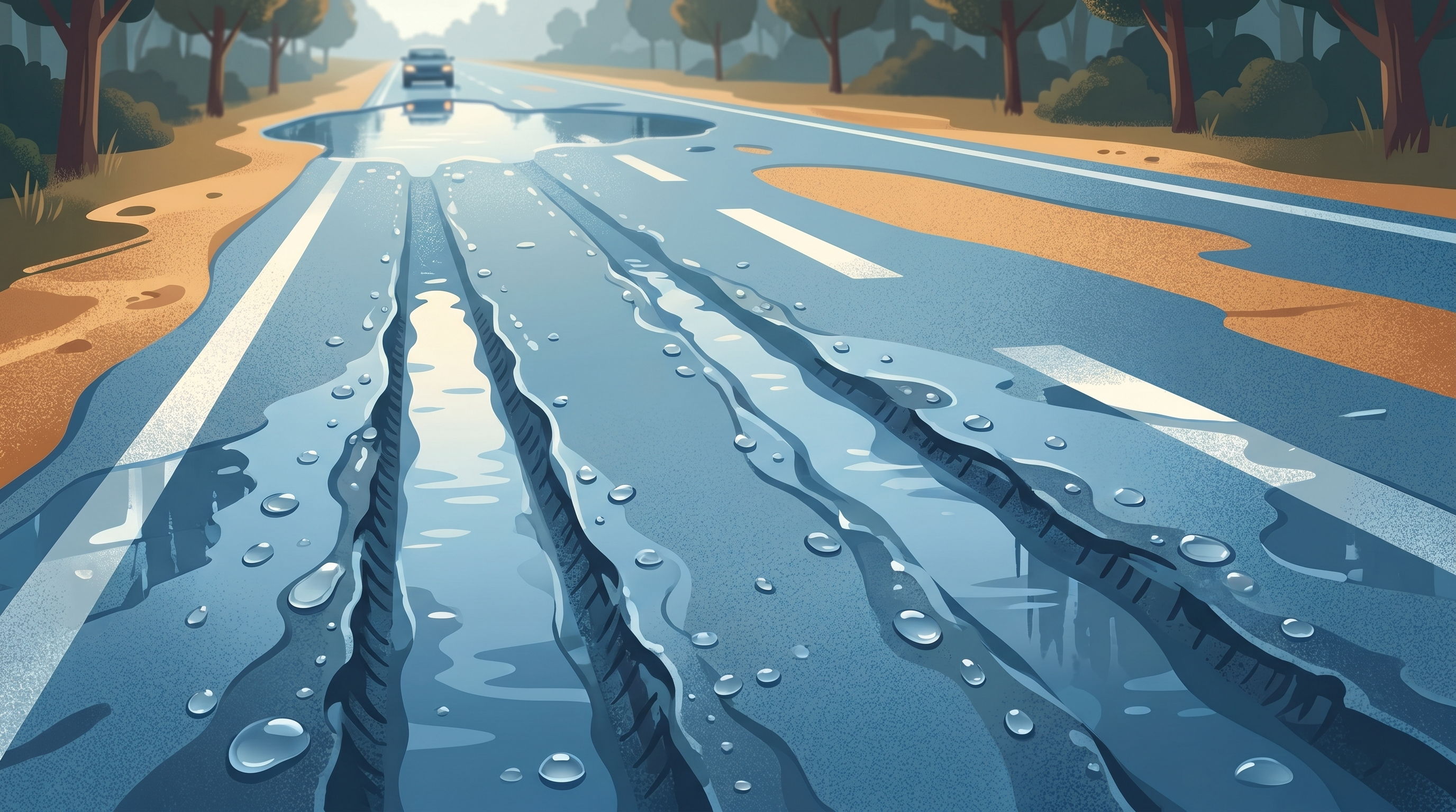 Illustration of a wet road with standing water and tire tracks, showing the dangers of hydroplaning and water drainage