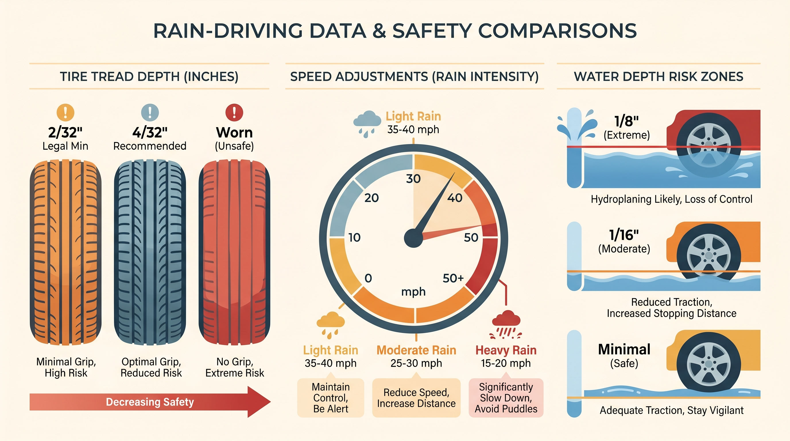 Infographic table showing rain speed adjustments, hydroplaning risk factors, and tire tread recommendations for wet-road