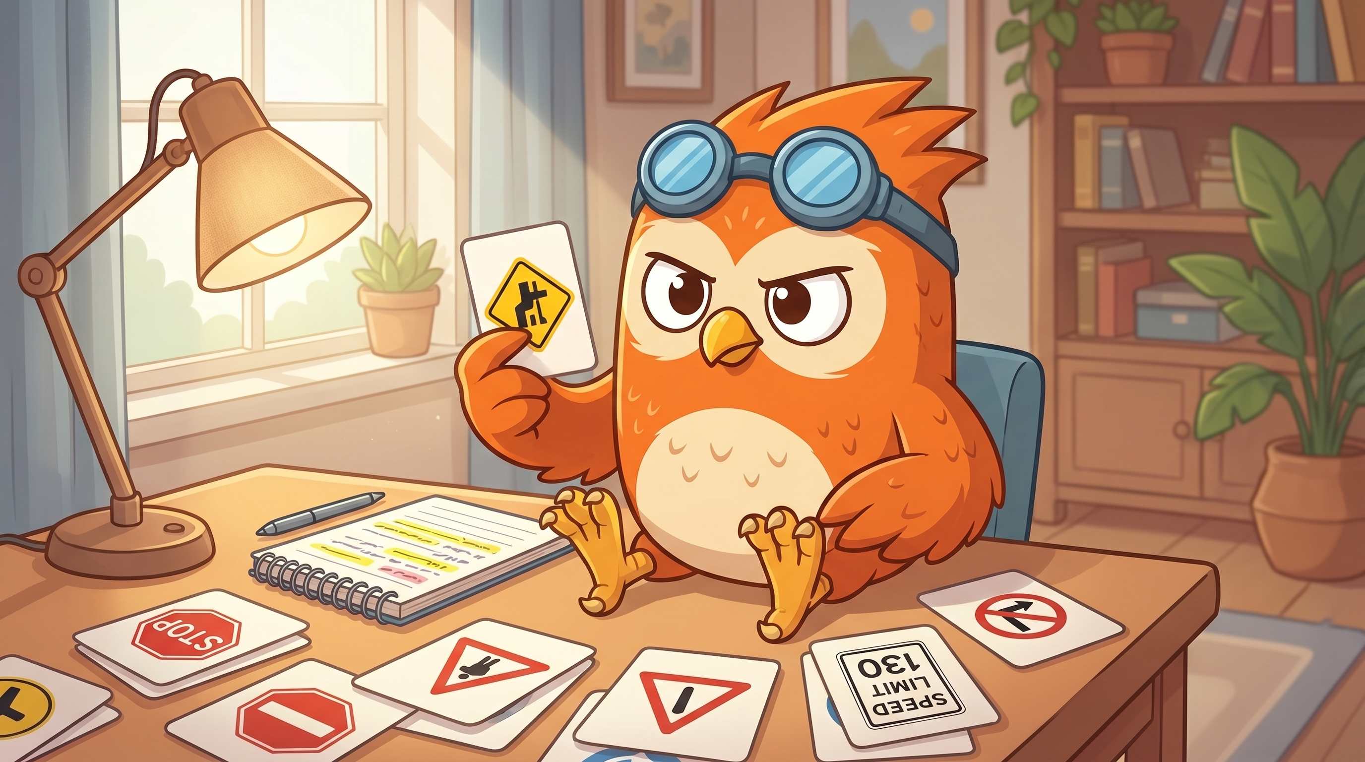 Illustration of Wheeler the orange owl in the driver's seat gripping the steering wheel with calm focus, practicing rain