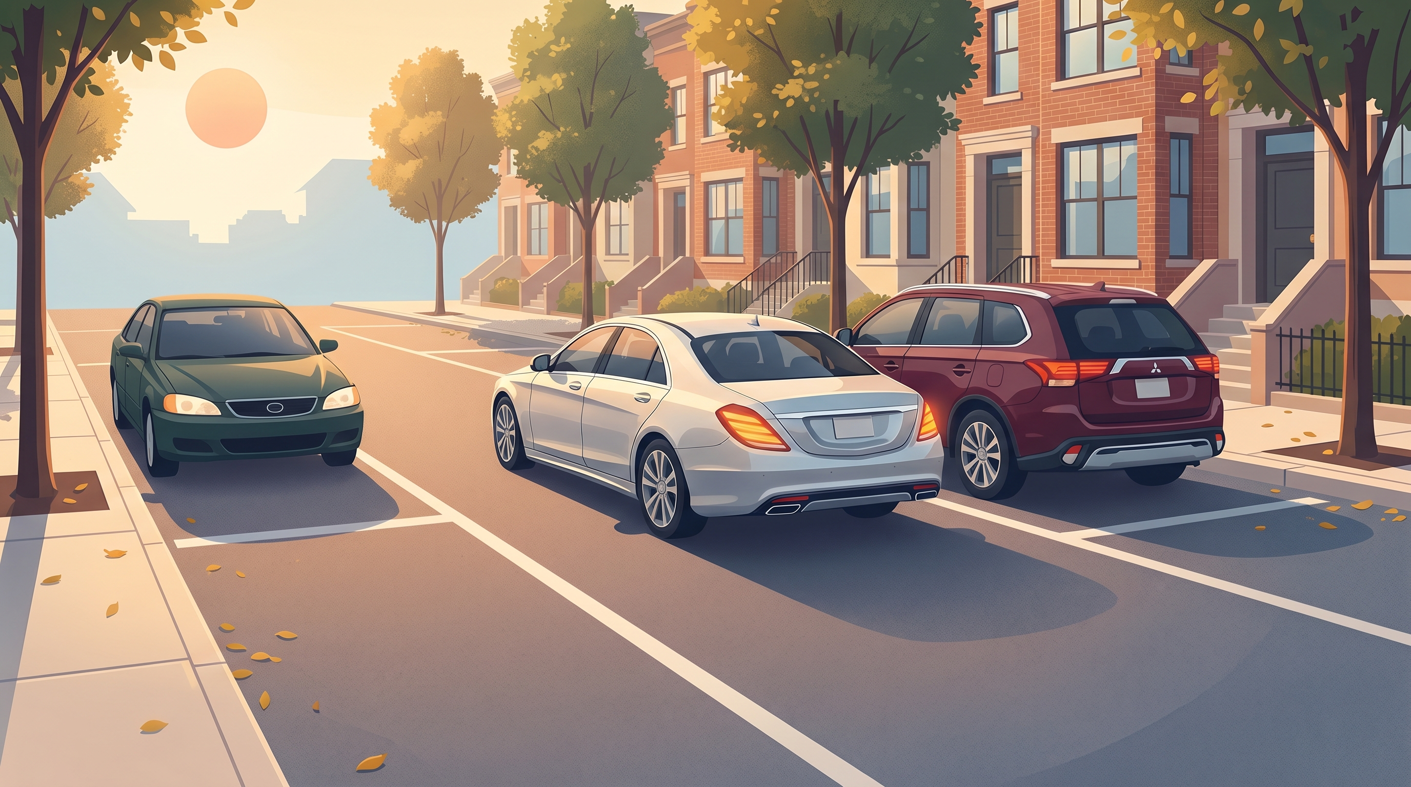 Exterior scene of a car parallel parking on a residential street with focused positioning and clear spatial relationship