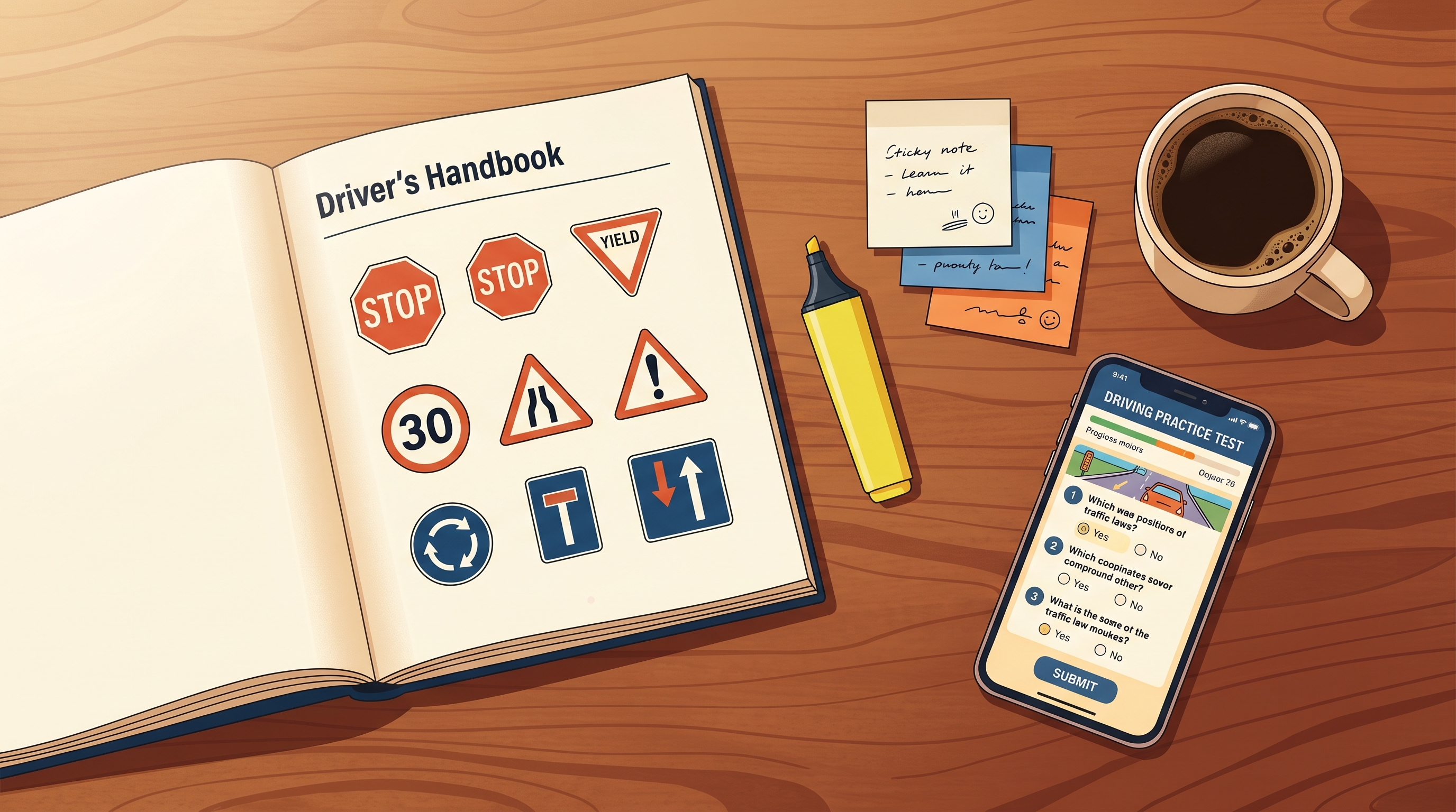 Study desk with driver's handbook and practice test materials