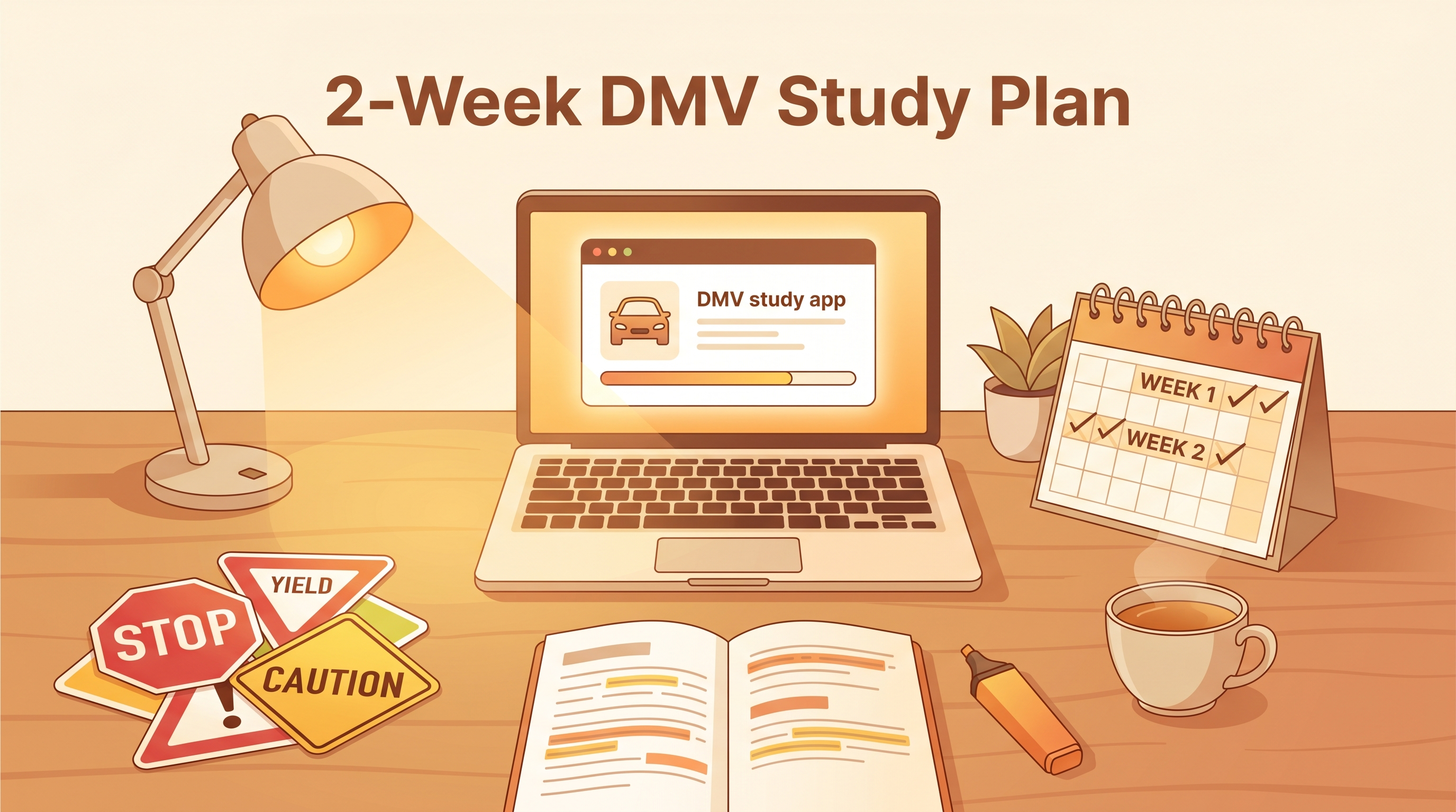 Student taking a practice DMV test on a laptop or tablet, focused expression, study materials visible nearby