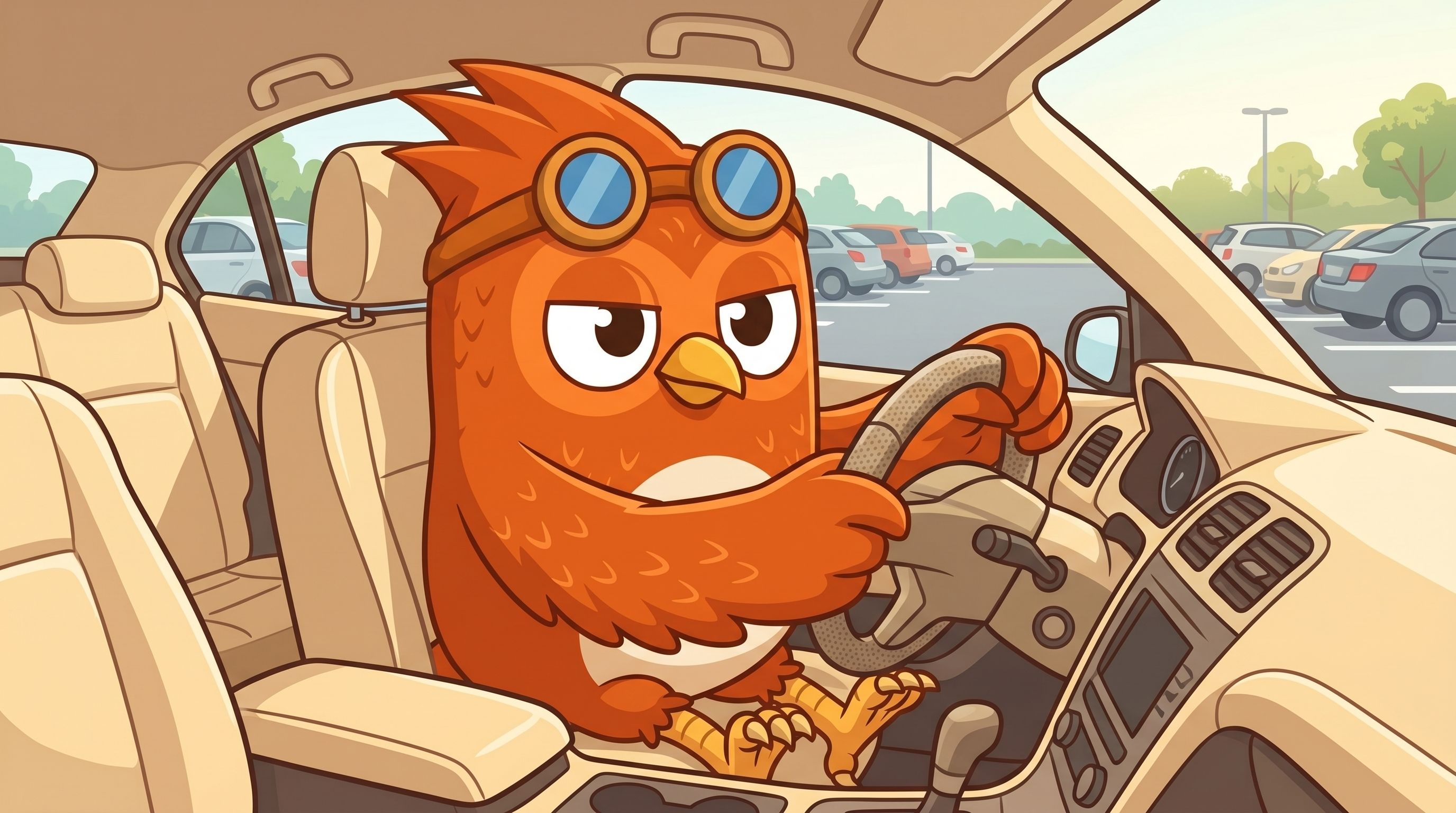 Wheeler the owl turning head to check blind spot while changing lanes