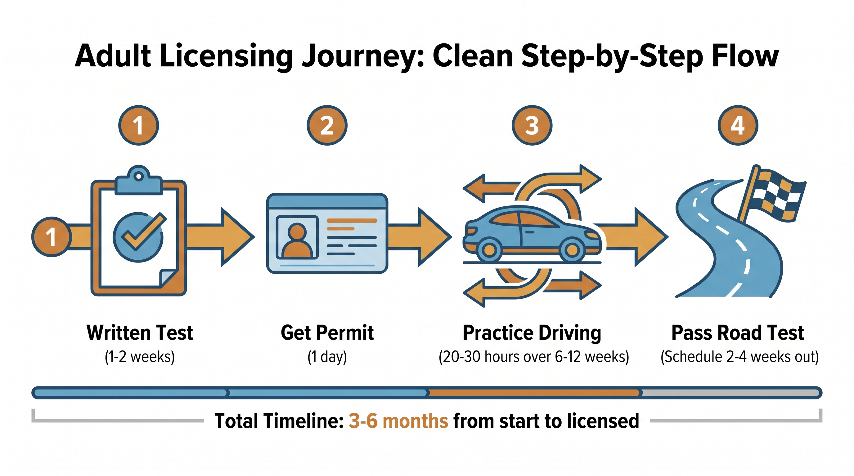 Step-by-step process for adult learners: written test, permit, practice hours, and road test timeline