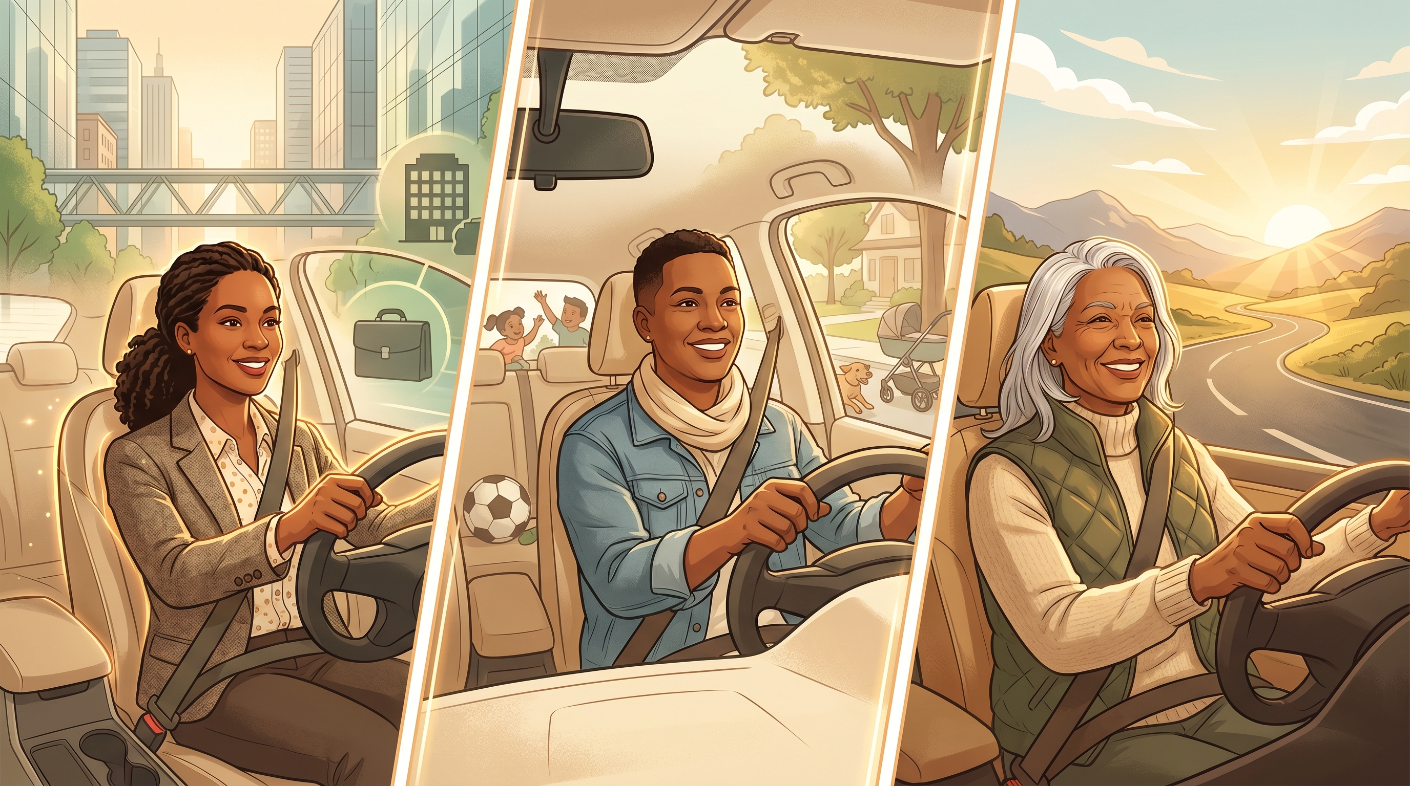 Adult learner at three life stages: 30s professional, 40s life transition, 50s independence — all learning to drive