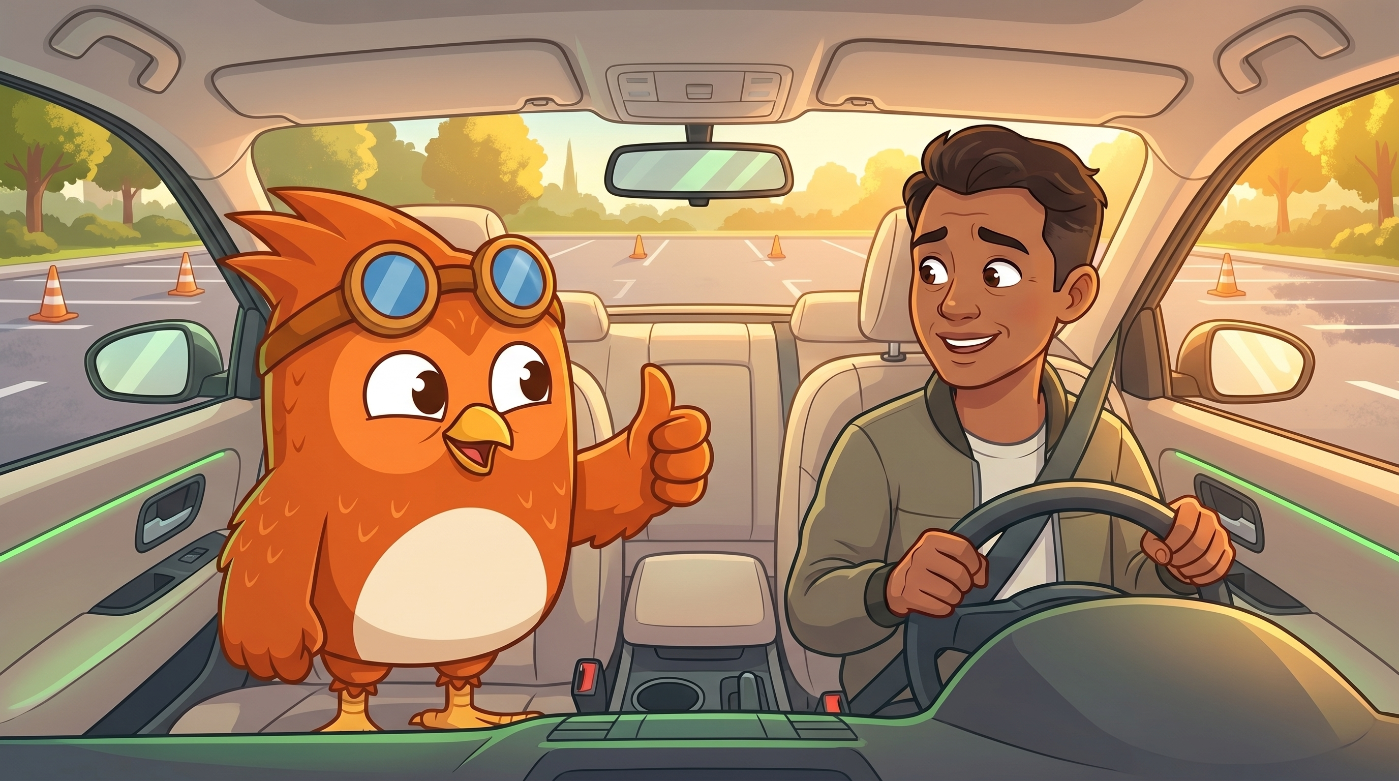 Wheeler the mascot giving an encouraging thumbs-up to an adult learner before their first driving lesson