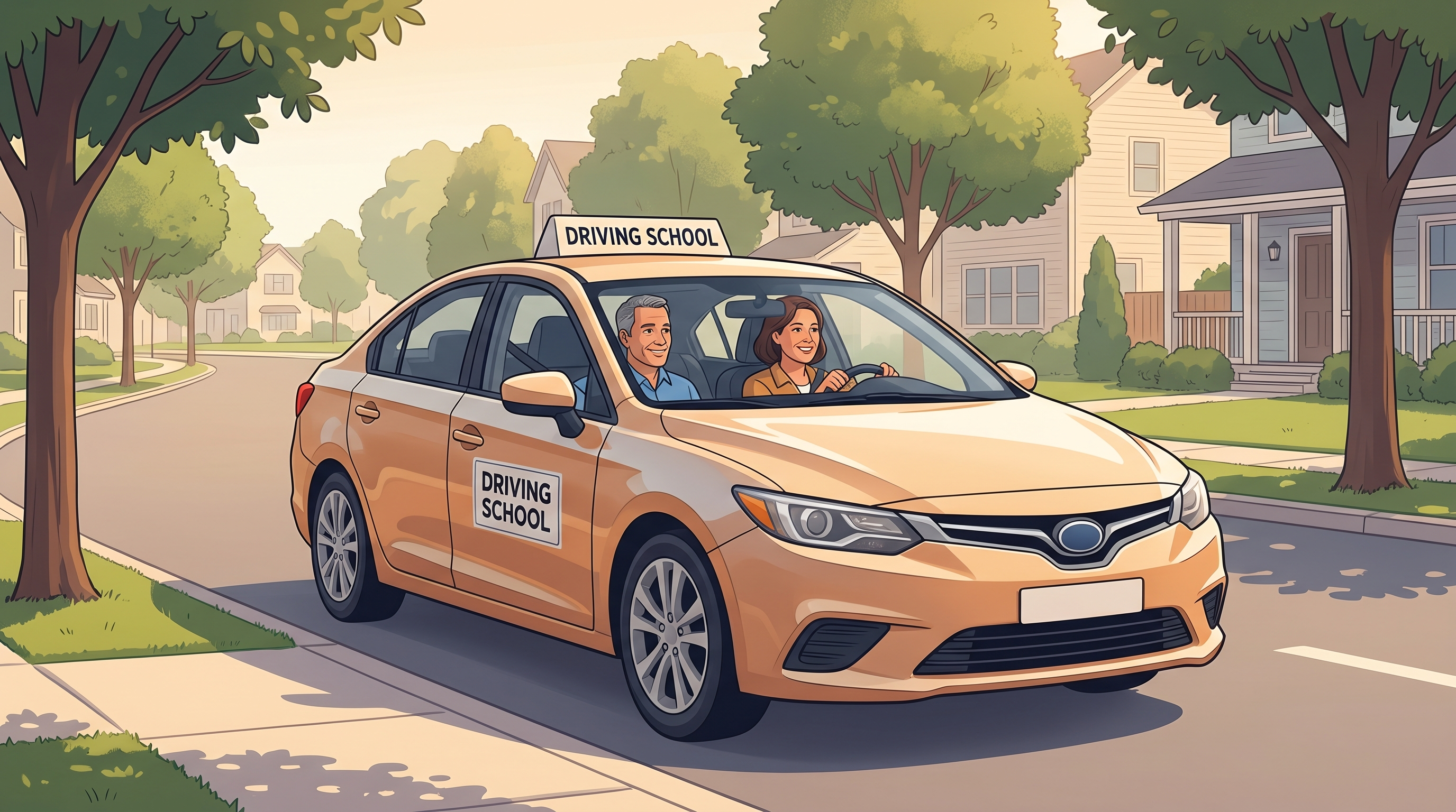 Adult learner and instructor in a dual-control car practicing in a calm residential neighborhood.