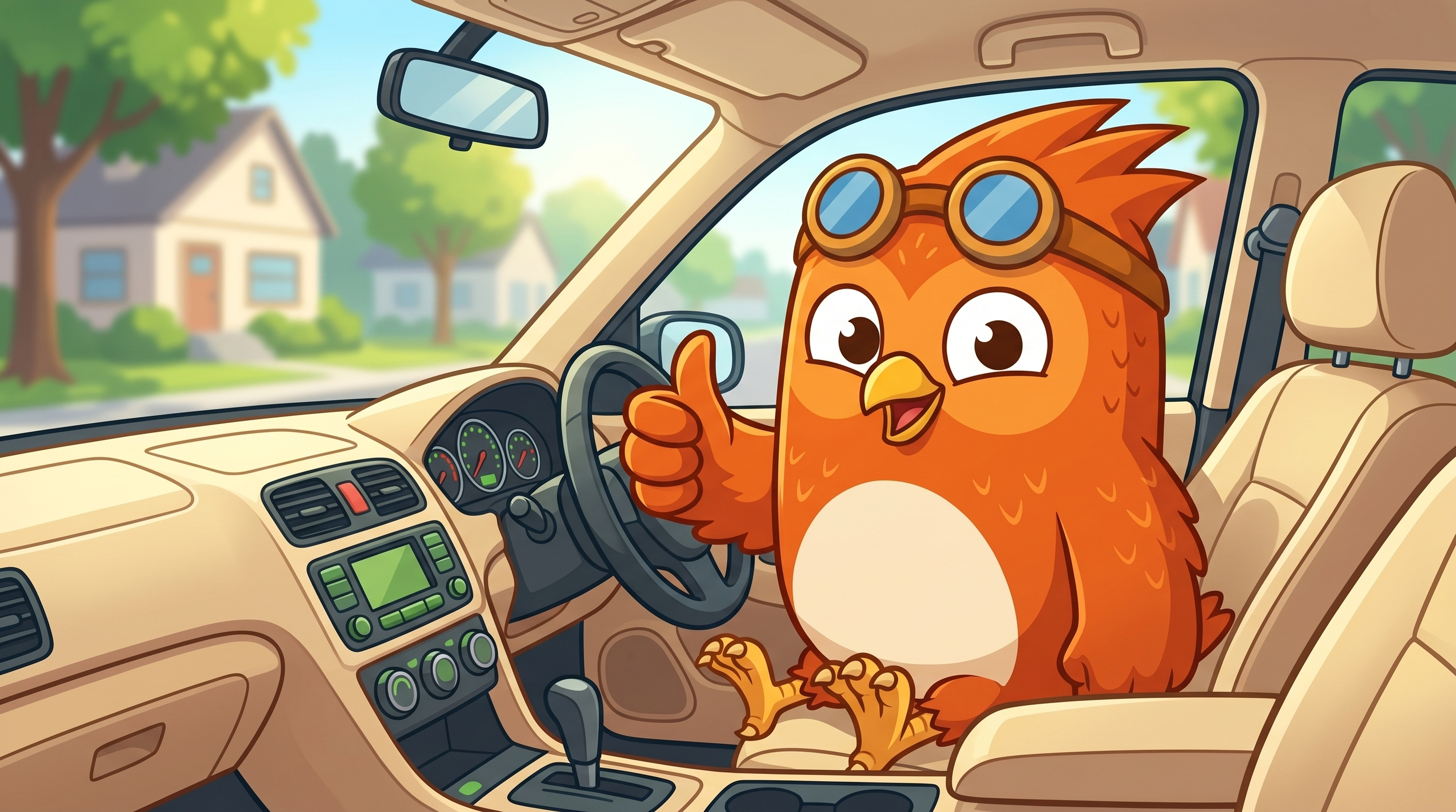 Wheeler the orange owl giving a cheerful thumbs-up from inside a car after a successful drive.