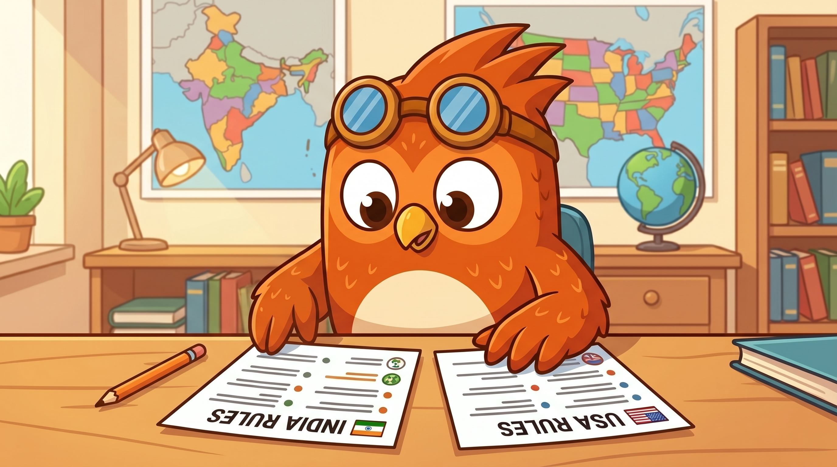 Wheeler the orange owl studying documents at a desk with driver's license materials and a passport, representing interna