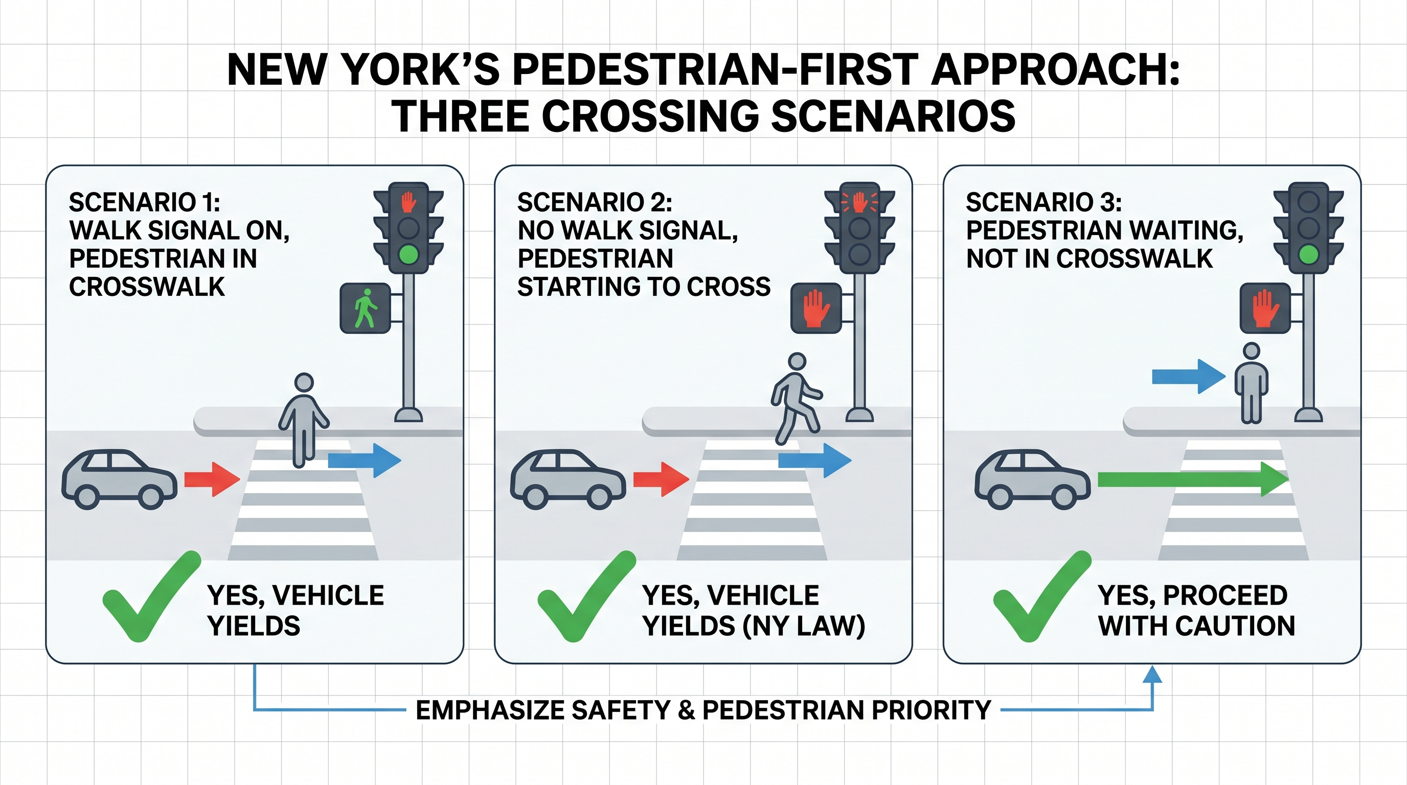 Infographic showing pedestrian crossing scenarios with arrows indicating yielding rules specific to New York state law.