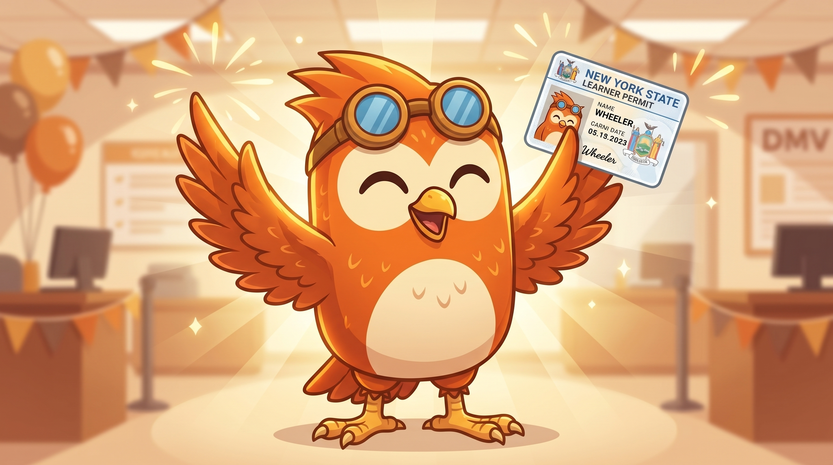 Wheeler the owl celebrating with raised wings, holding New York learner's permit, happy and relieved expression.