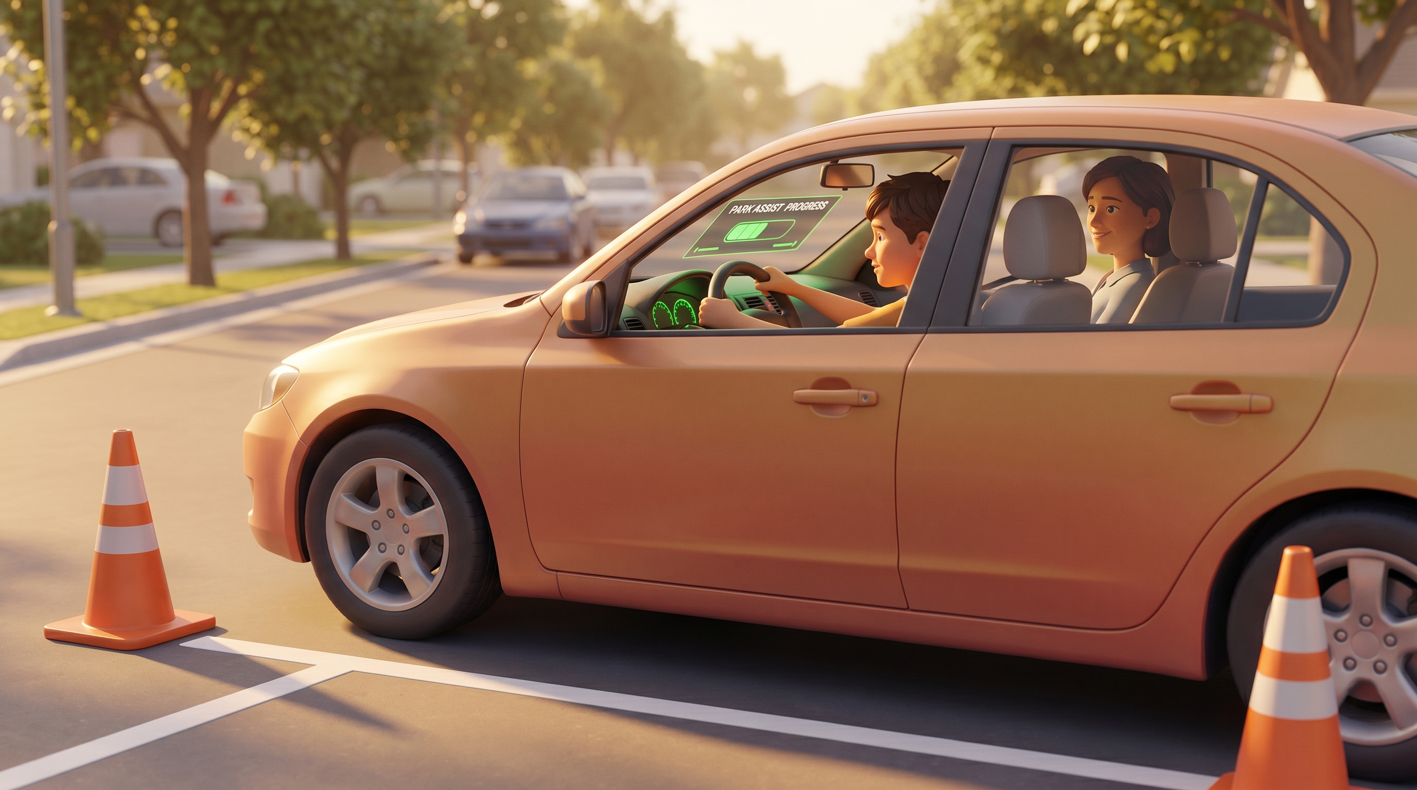 Parent and teen practicing parallel parking on a suburban street with confidence