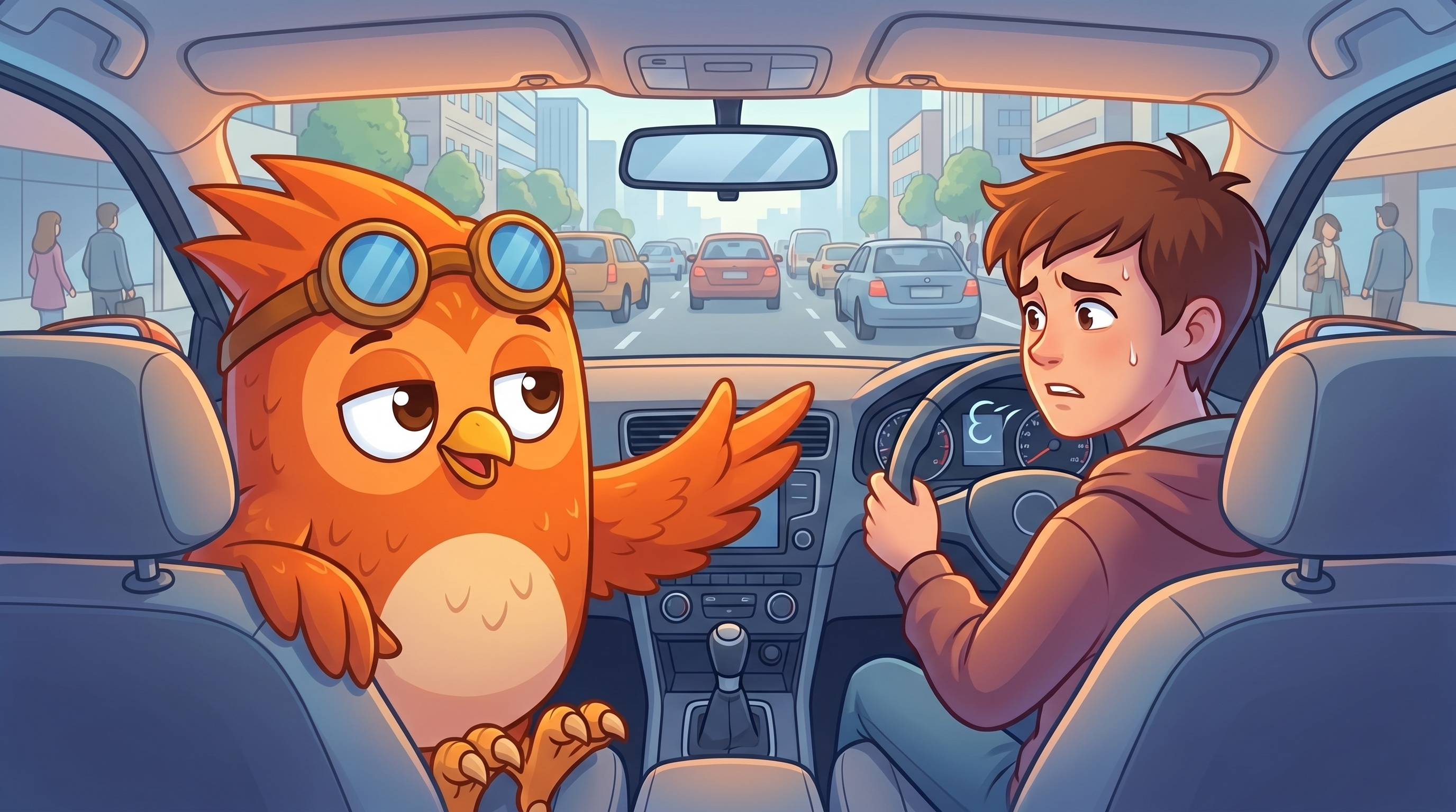 Wheeler the orange owl comforting a nervous teen driver with a reassuring wing, sitting in car interior