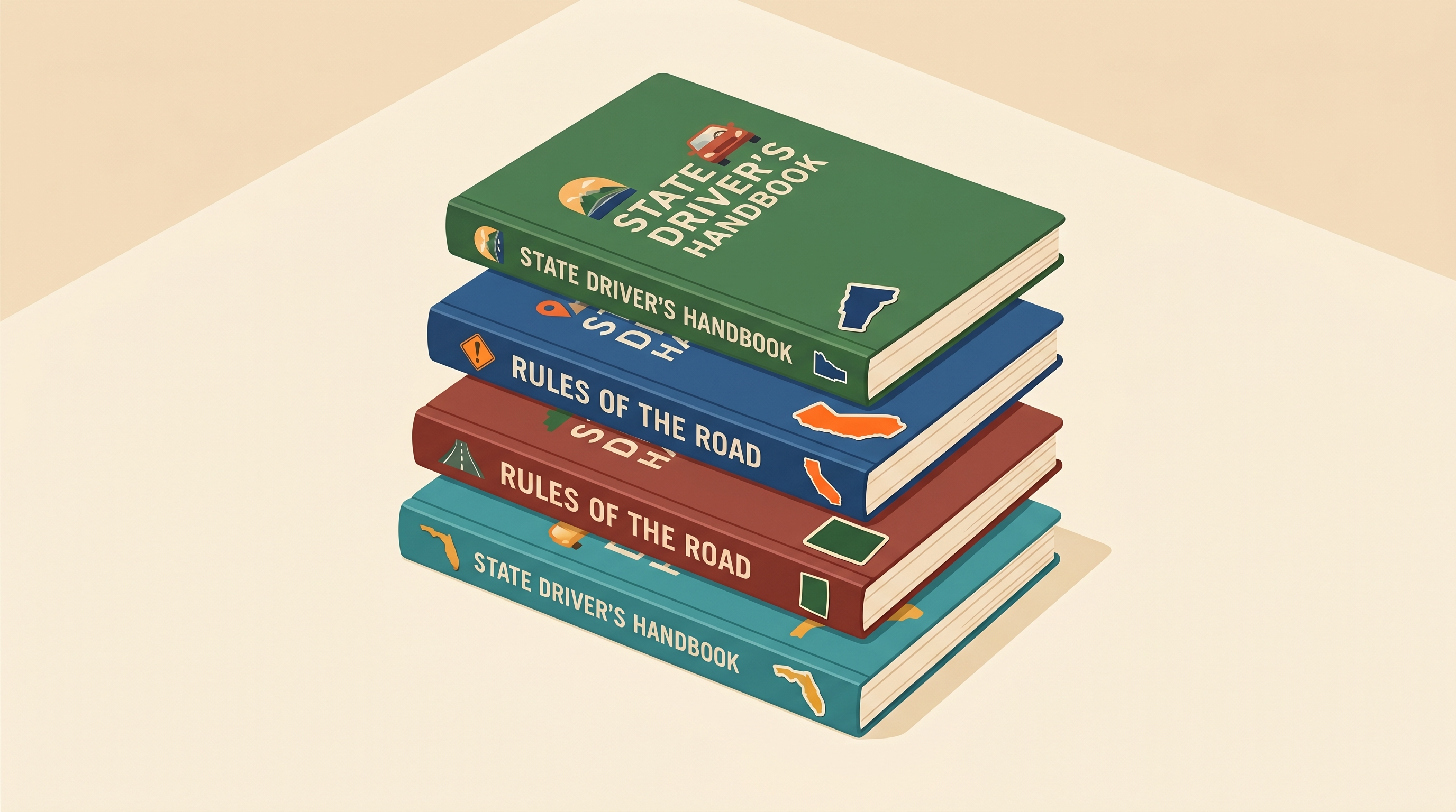 State DMV office signs and driver handbooks from multiple states