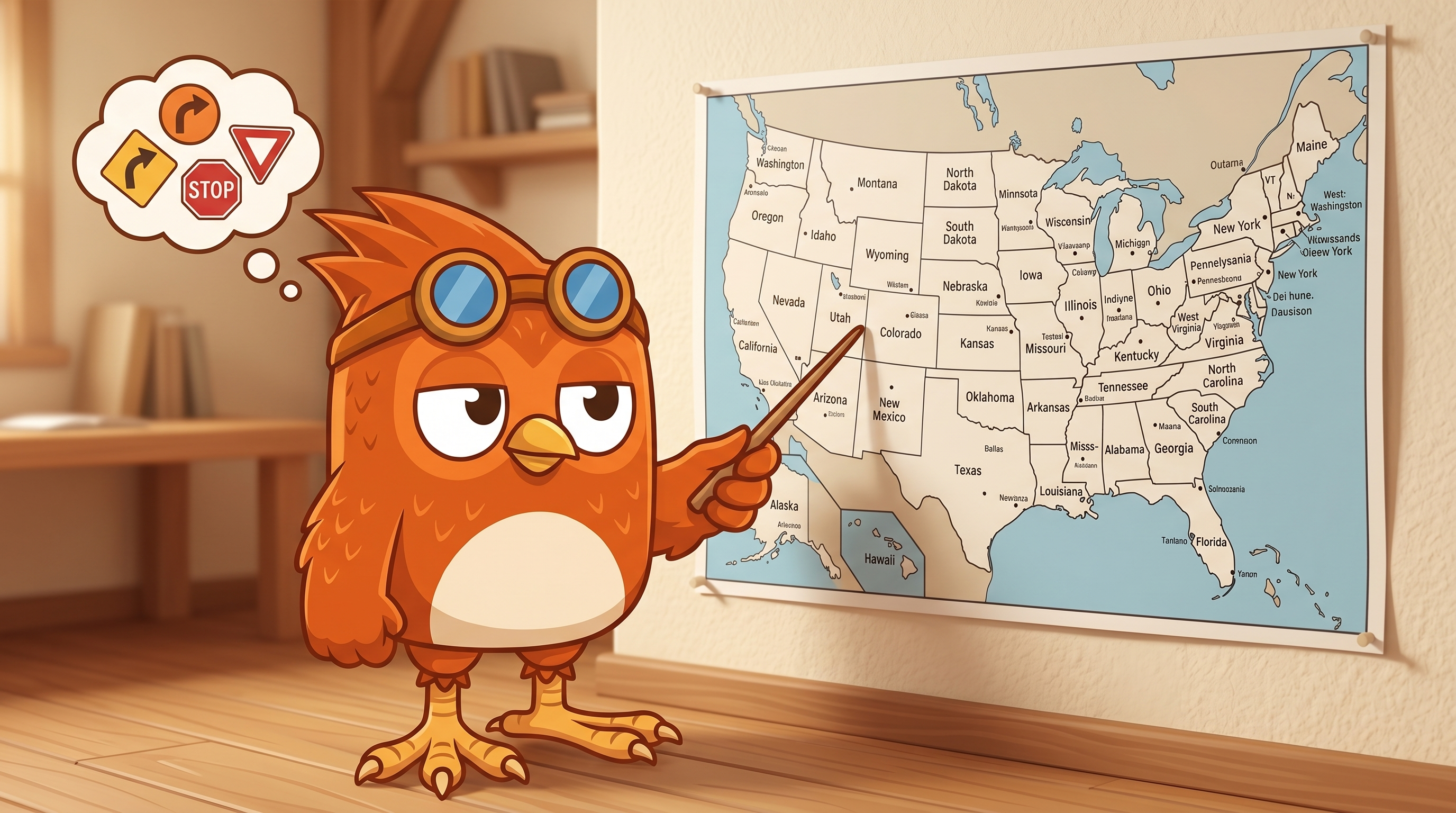 Wheeler the owl studying a US map of permit test scores