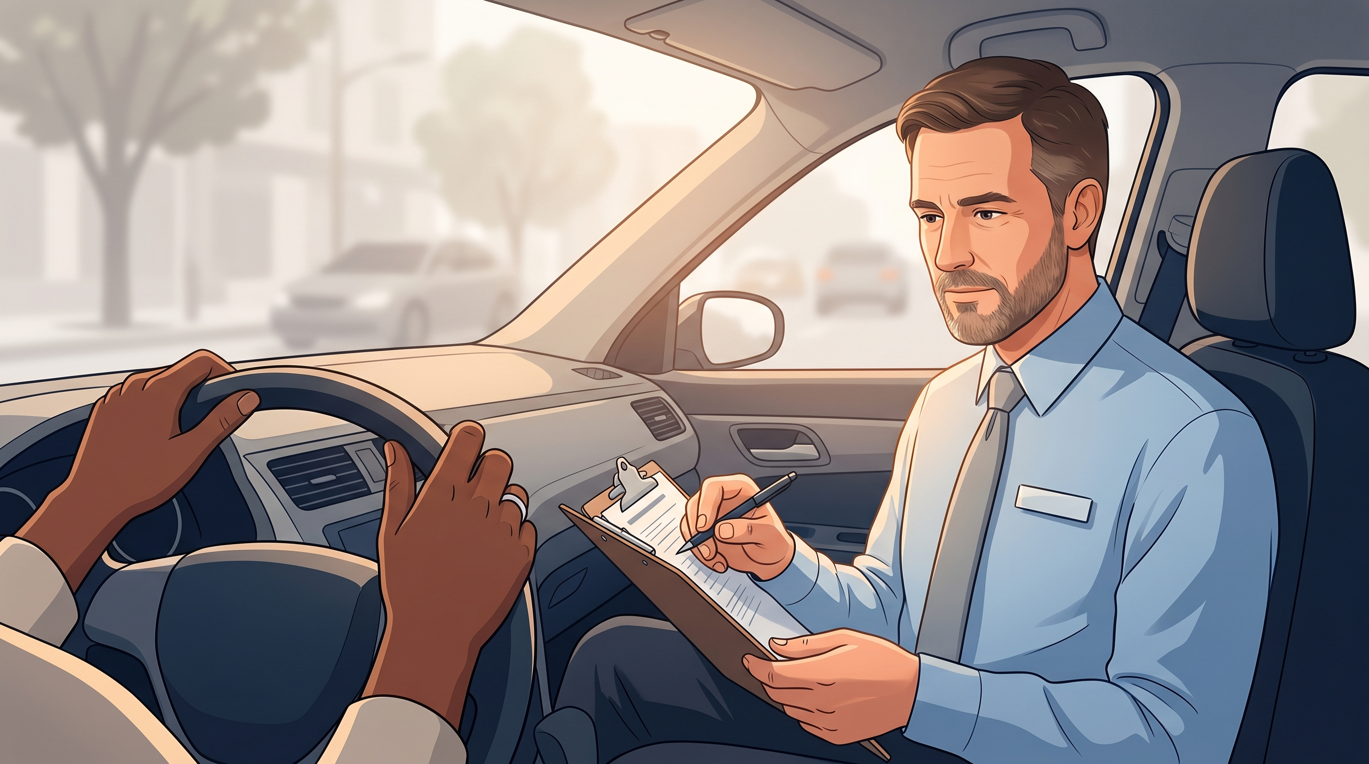 DMV examiner in passenger seat evaluating a road test