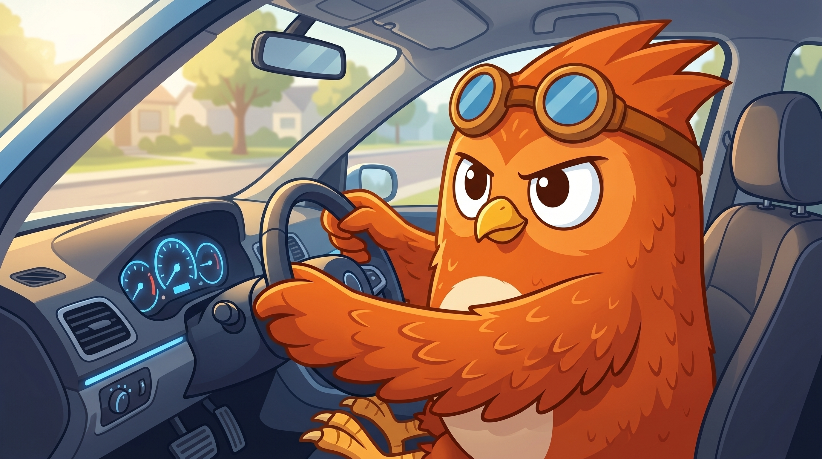 Wheeler the owl in the driver's seat preparing for the license road test