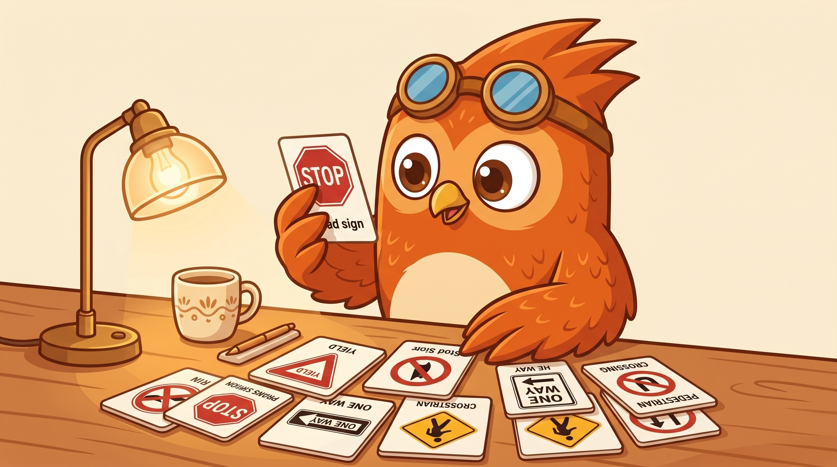 Wheeler the owl at a desk studying road sign flashcards with a quiz answer sheet.