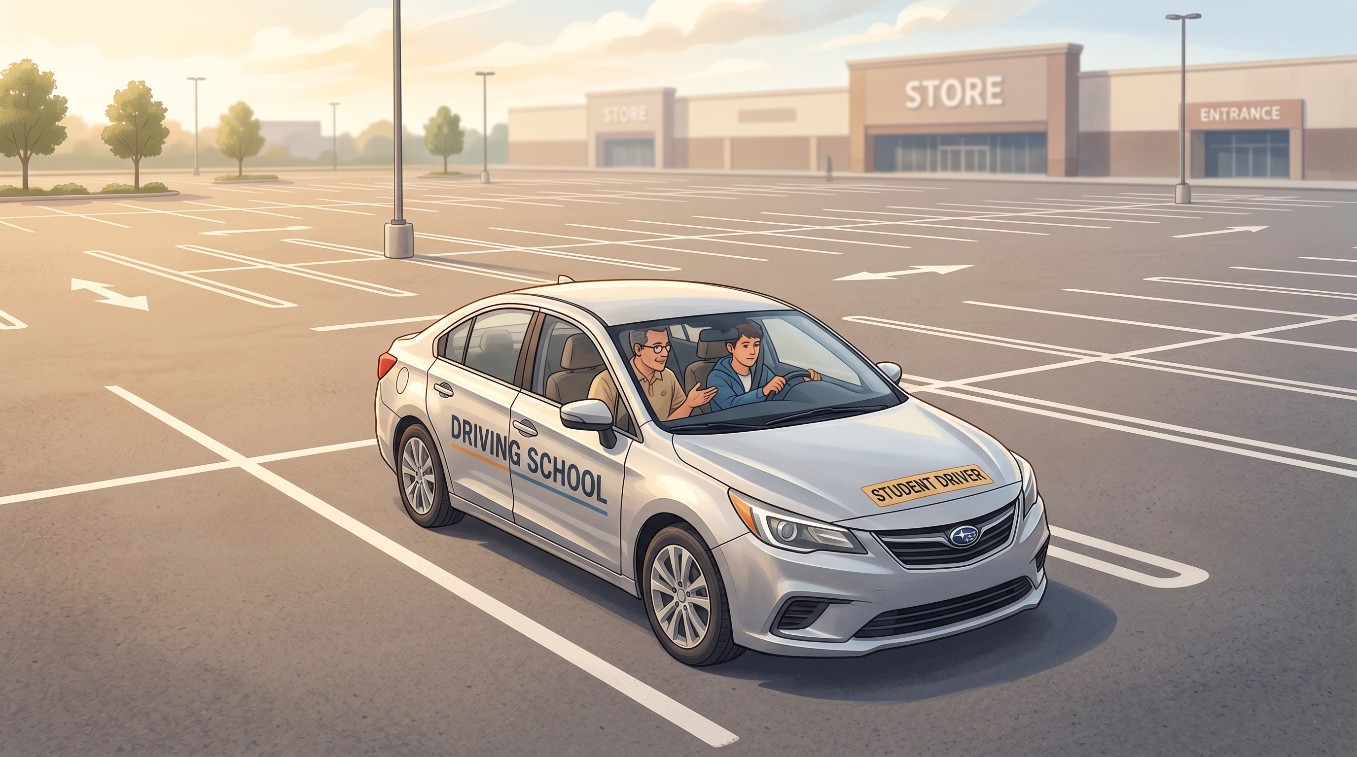 Adult driver practicing in an empty suburban parking lot under bright morning light.