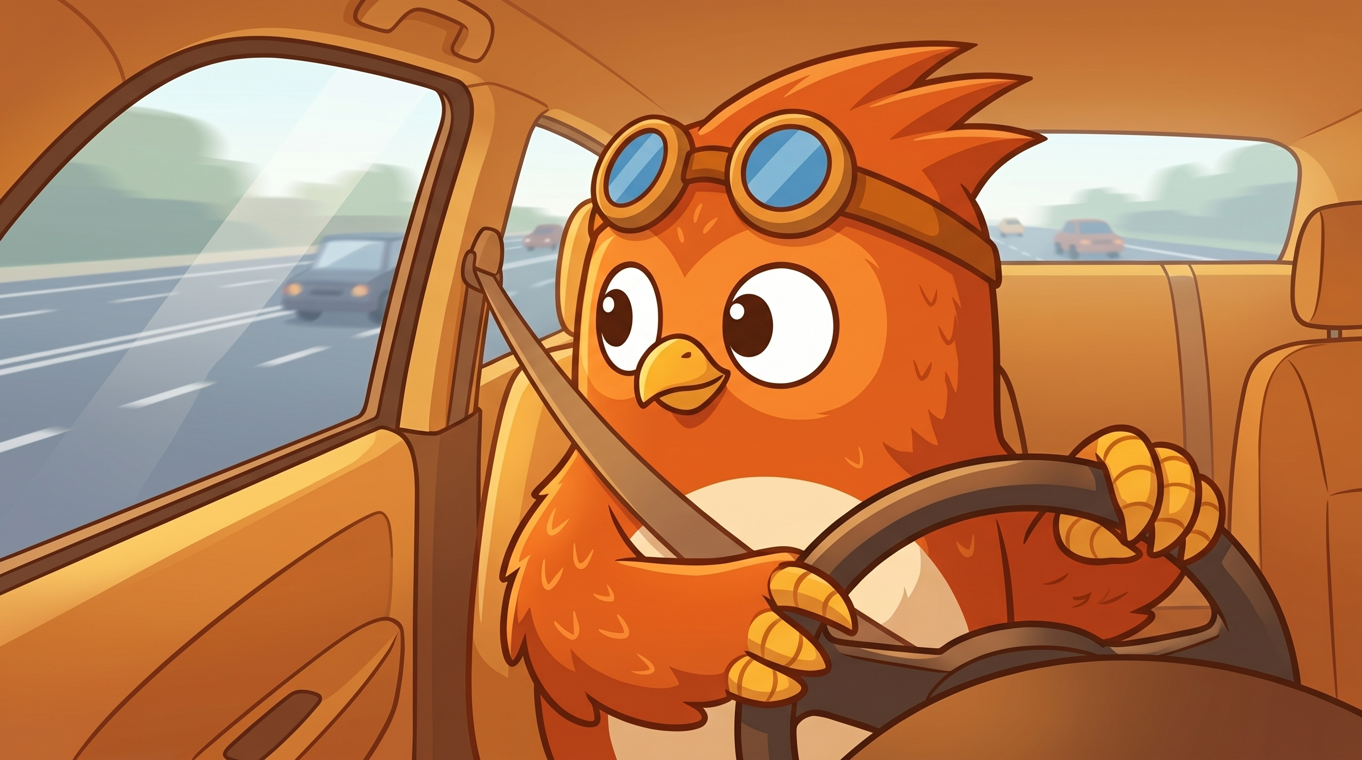 Wheeler the orange owl gripping a steering wheel in a car, focused and practicing.