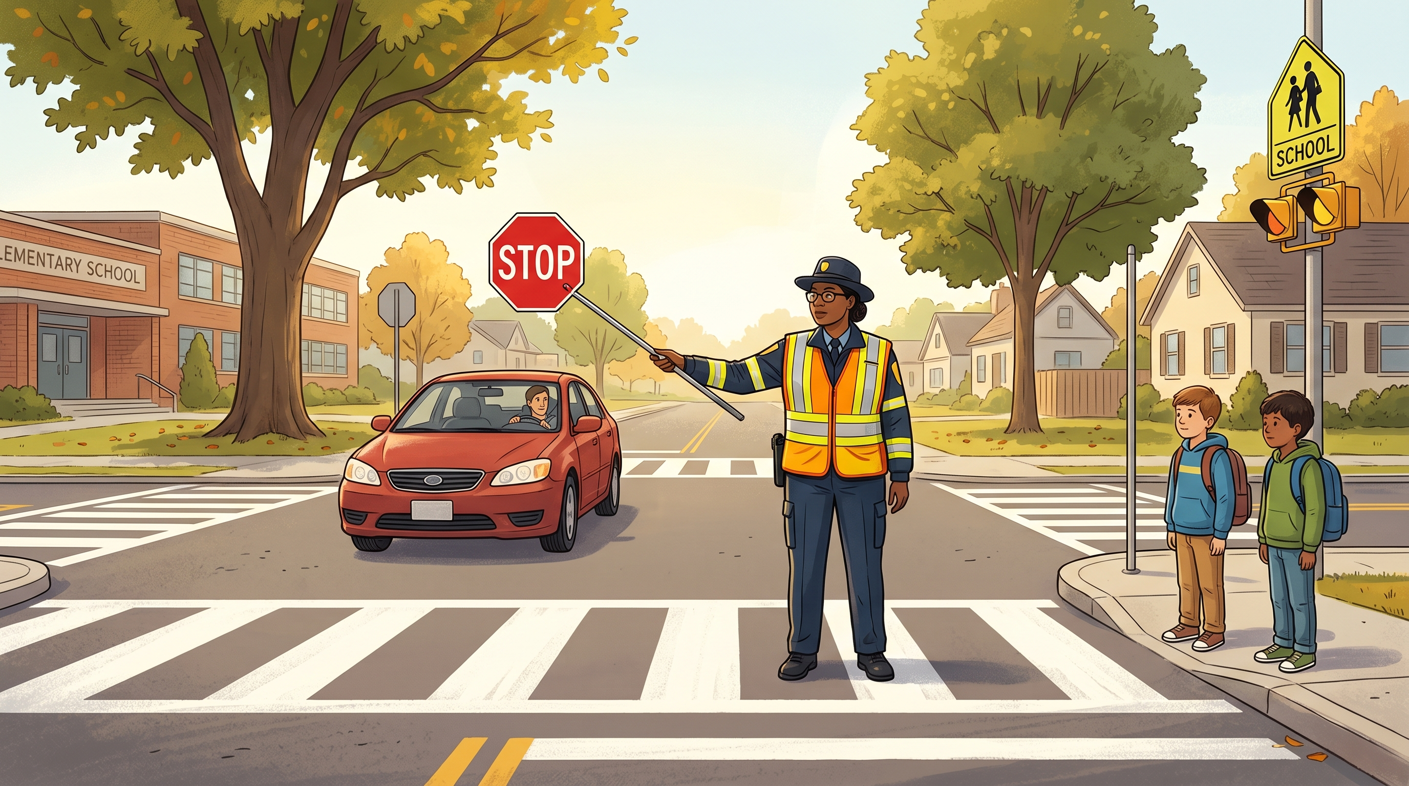 Crossing guard with stop sign holding children back as car stops