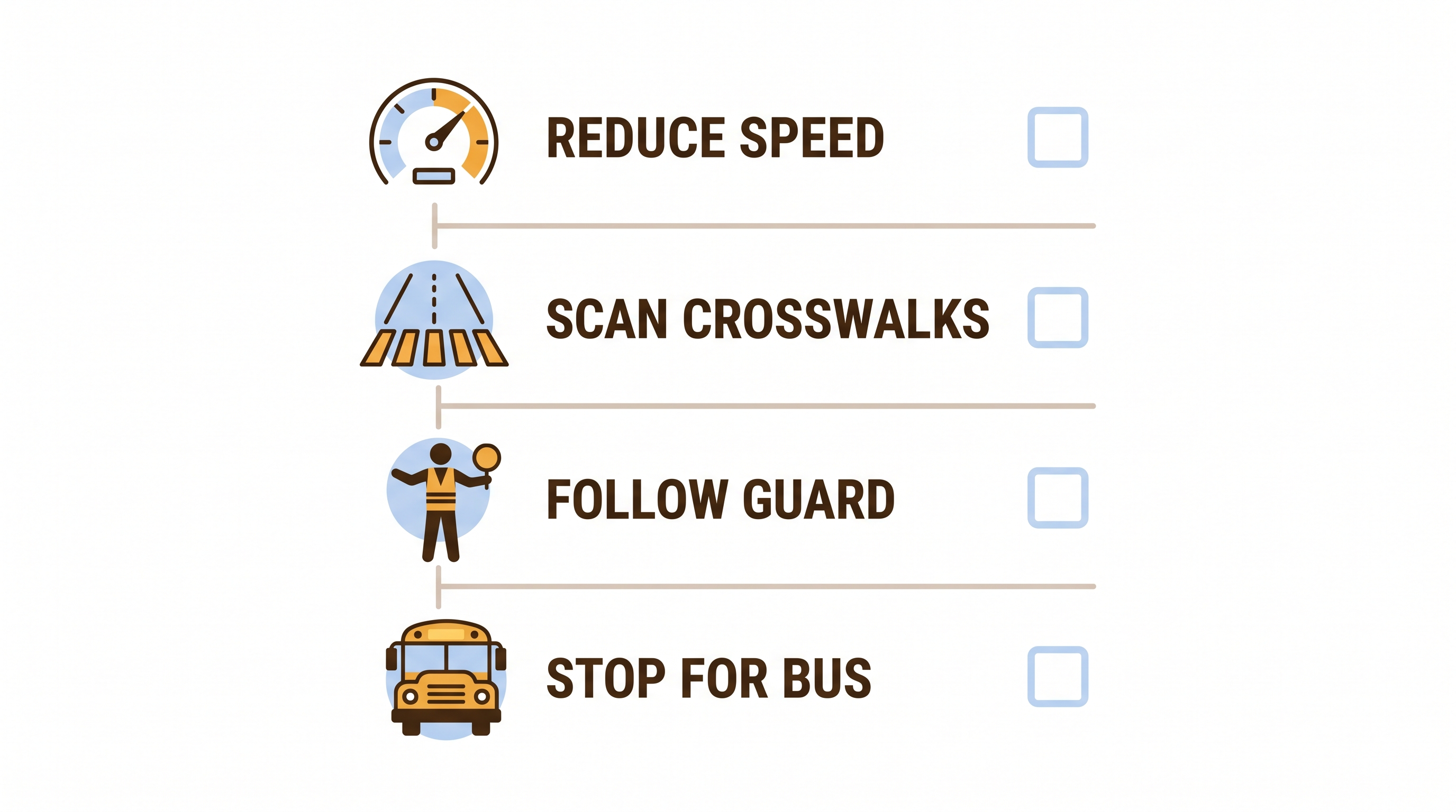School zone checklist showing speed limit scan pedestrians and bus stop rules