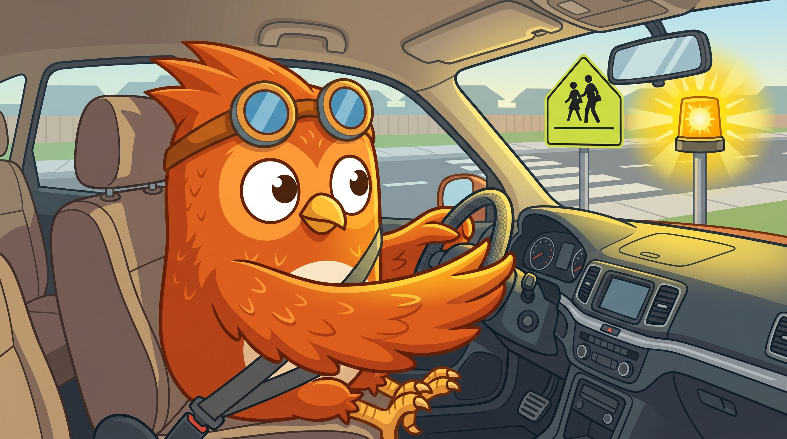 Wheeler the owl driving slowly and attentively through a school zone